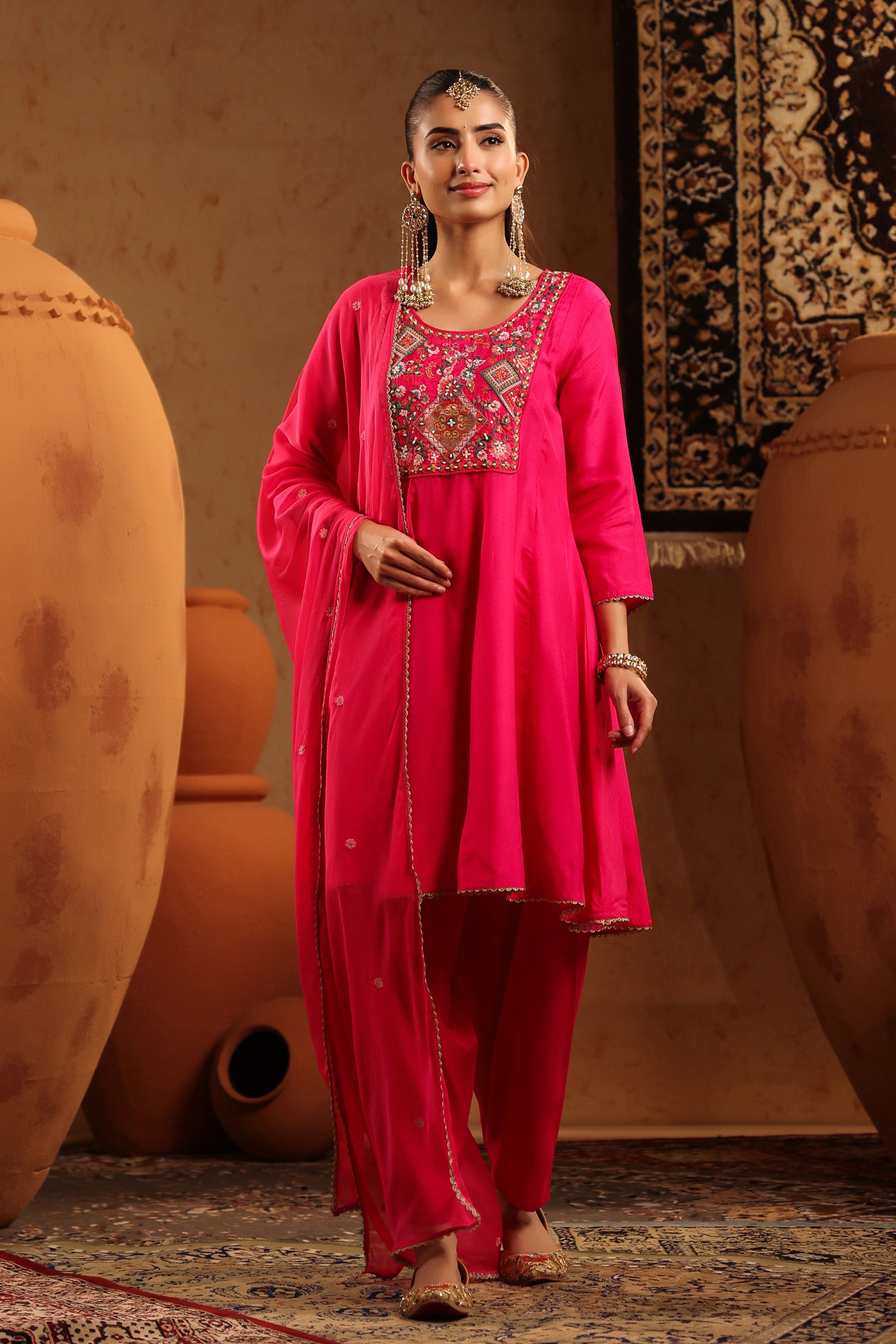 Fuchsia Silk Embroidered-Handwork Anarkali Suit Set