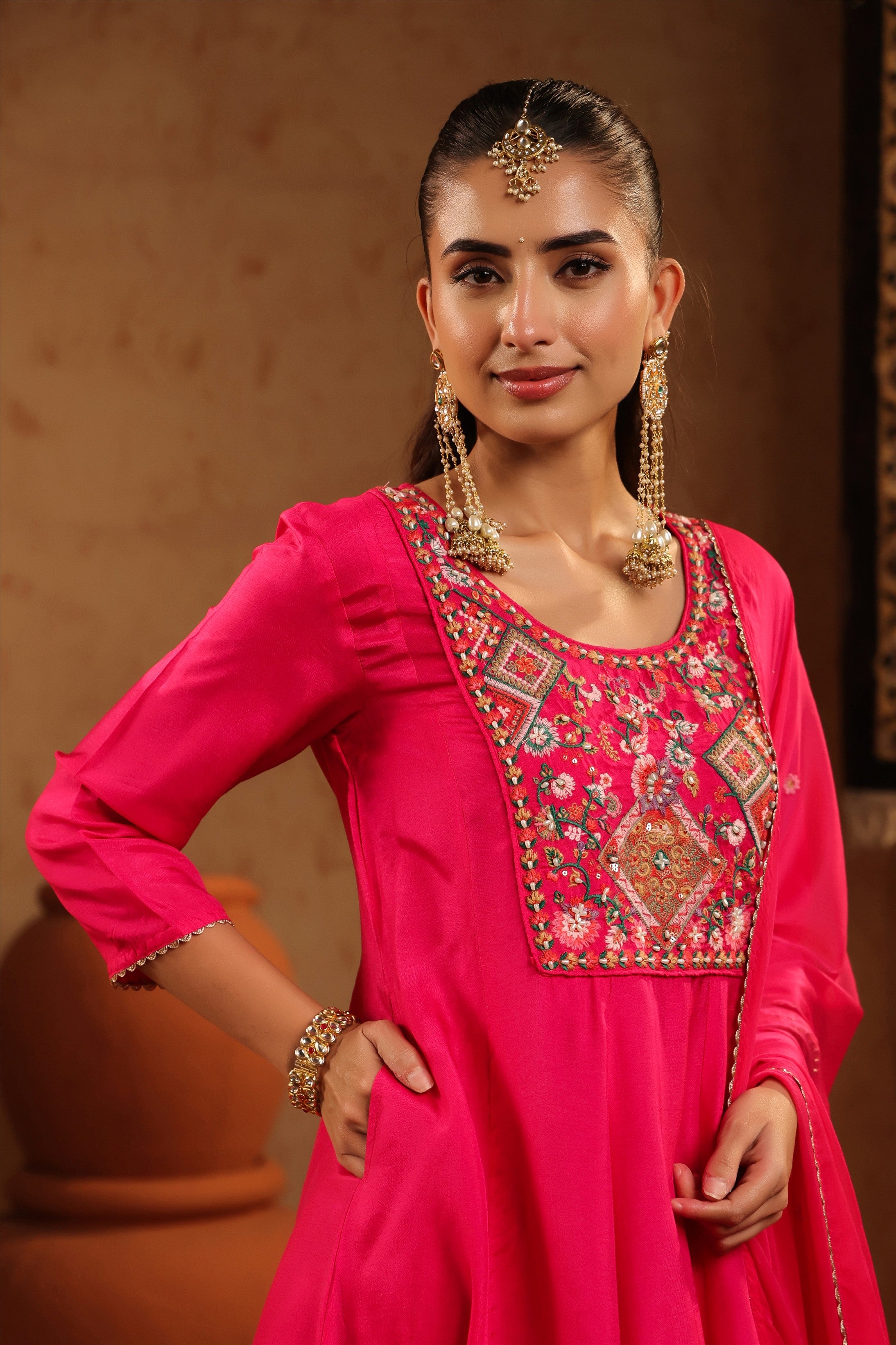 Fuchsia Silk Embroidered-Handwork Anarkali Suit Set