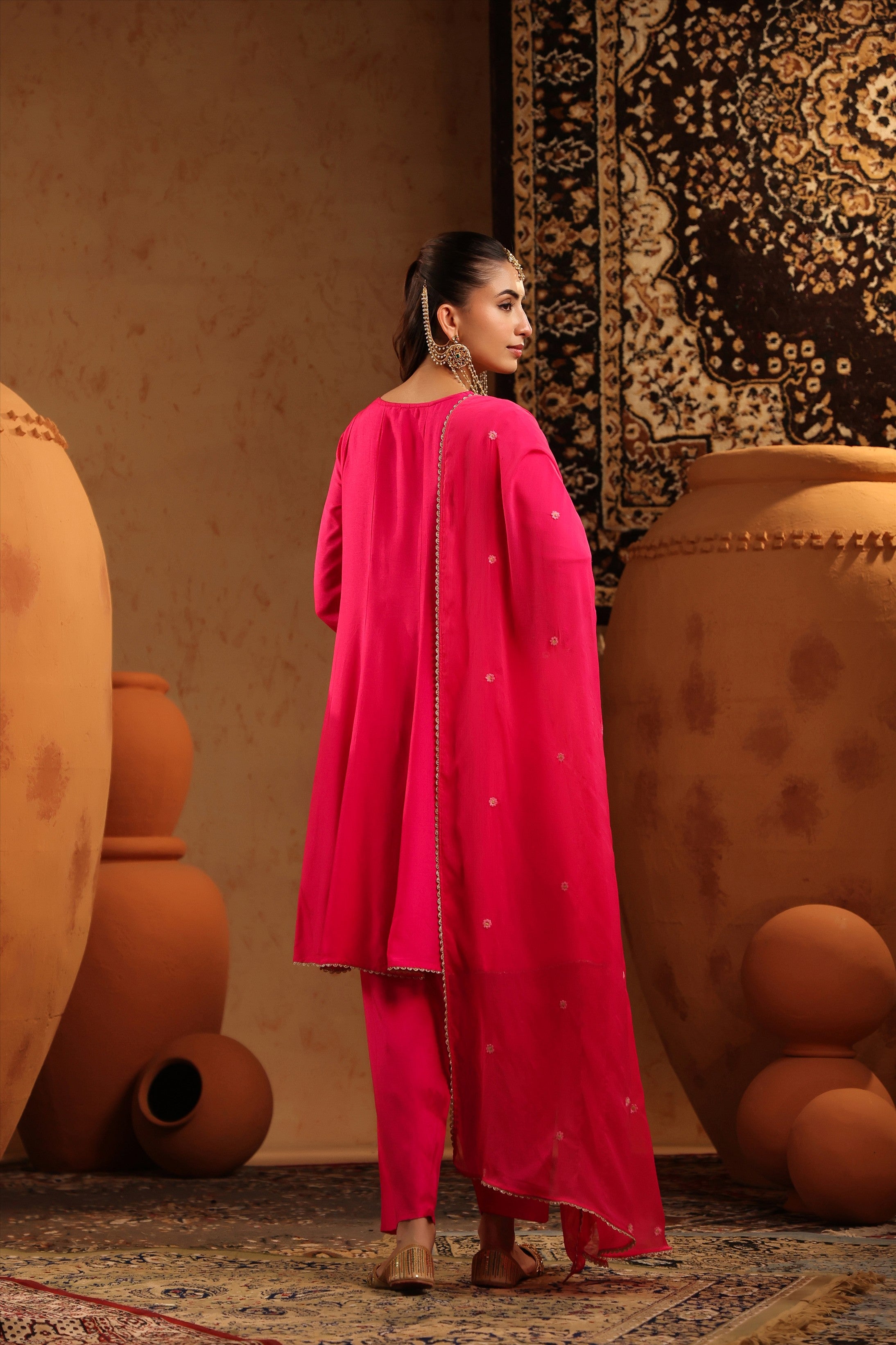 Fuchsia Silk Embroidered-Handwork Anarkali Suit Set