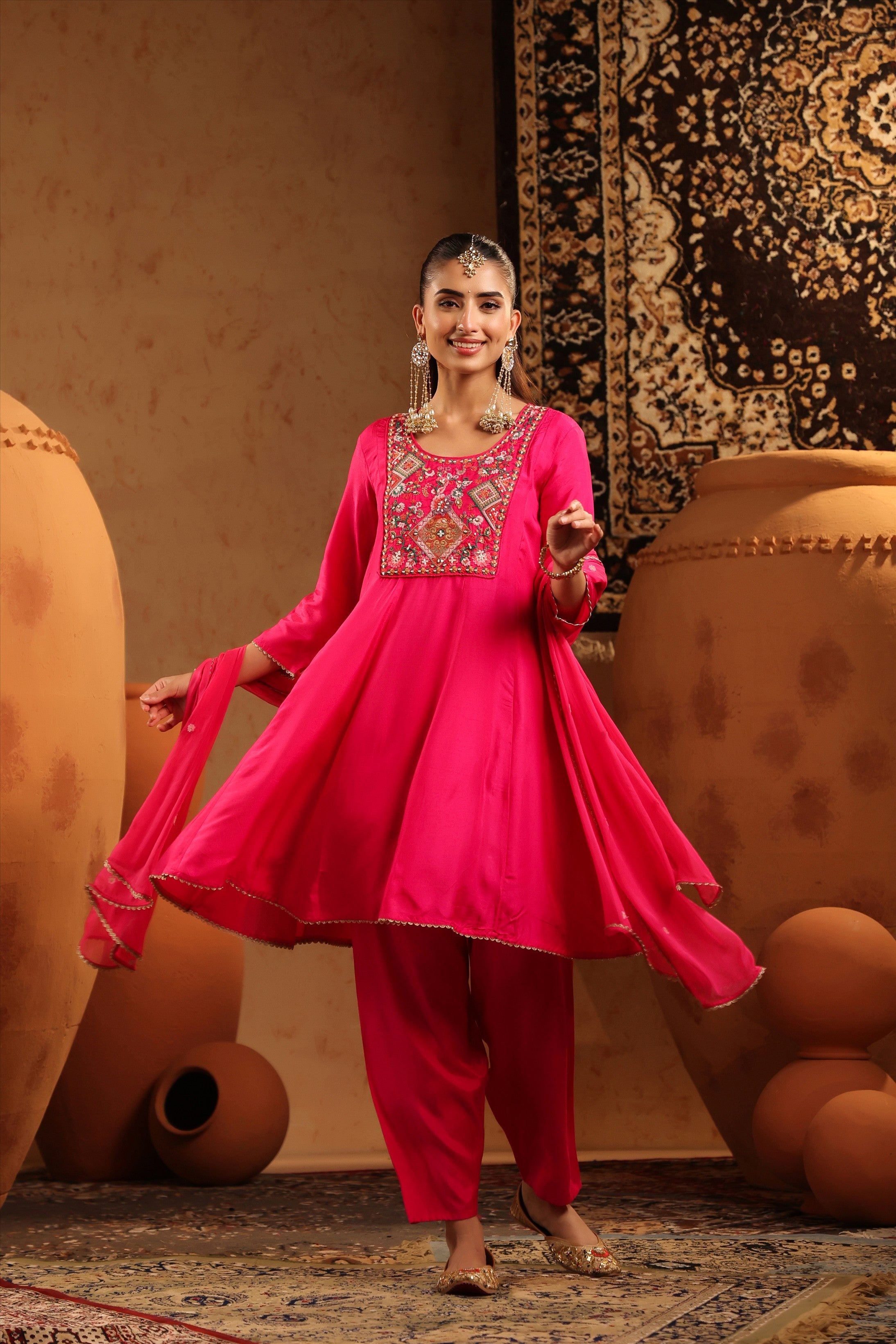 Fuchsia Silk Embroidered-Handwork Anarkali Suit Set