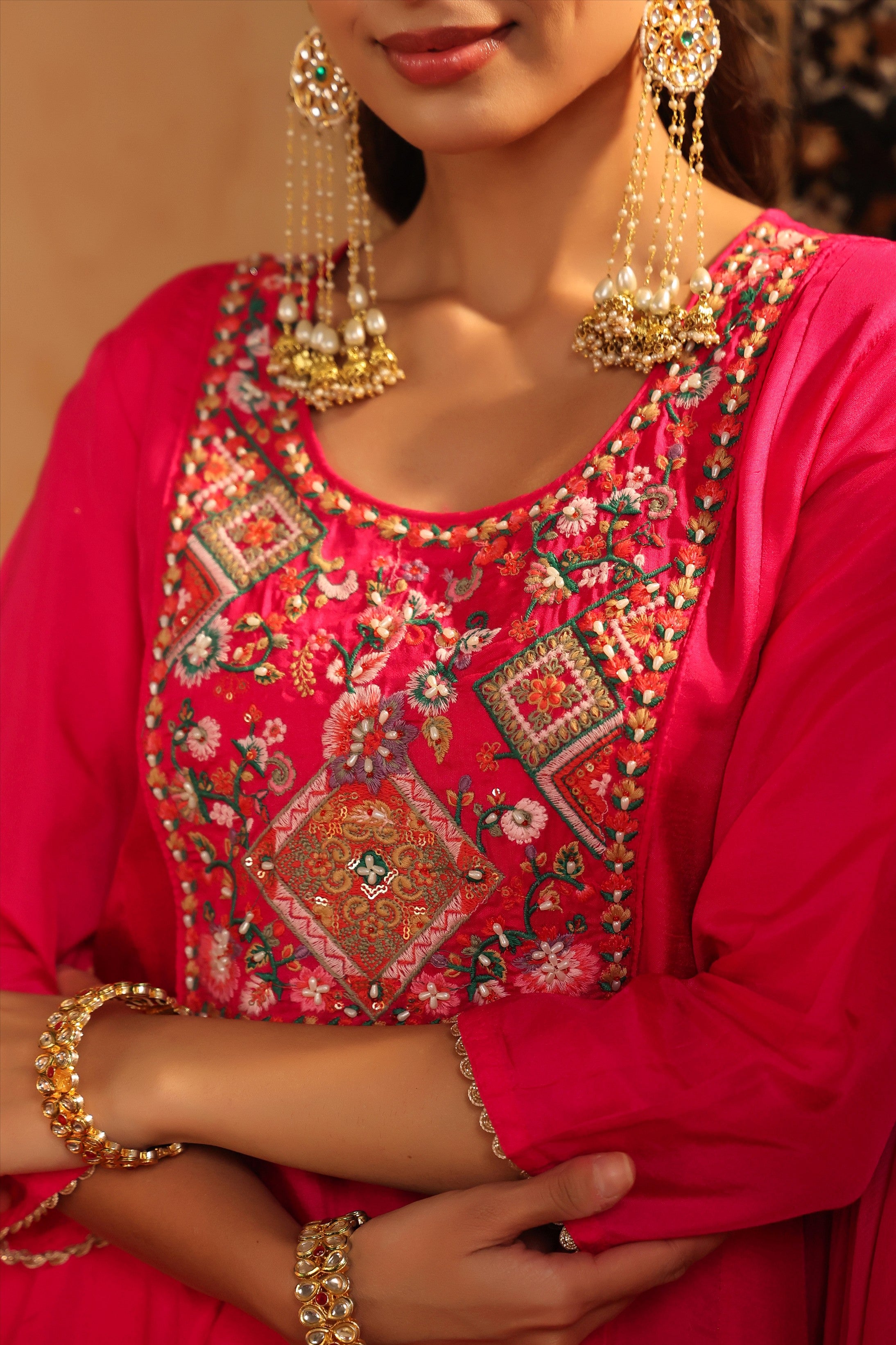 Fuchsia Silk Embroidered-Handwork Anarkali Suit Set