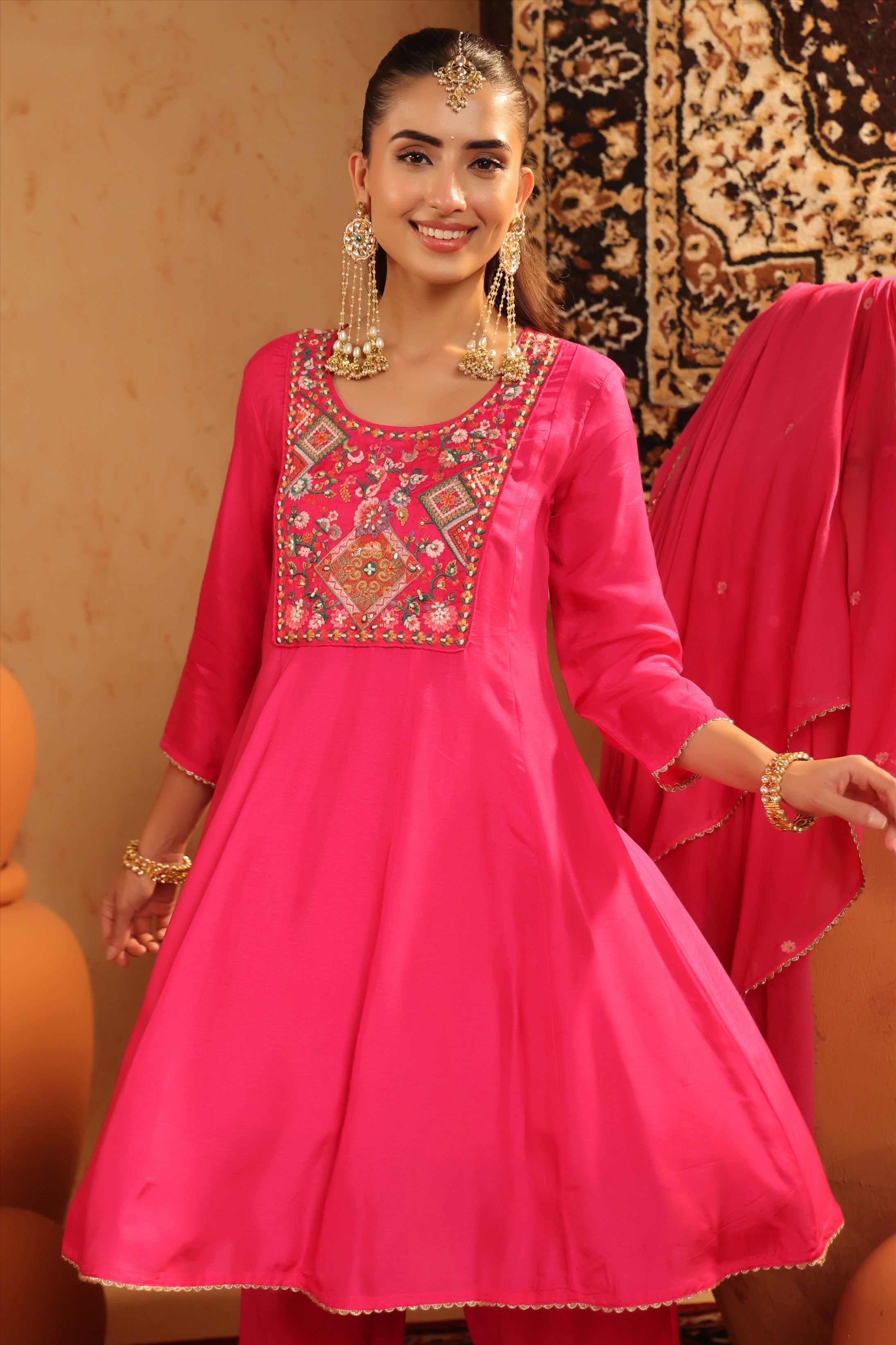 Fuchsia Silk Embroidered-Handwork Anarkali Suit Set