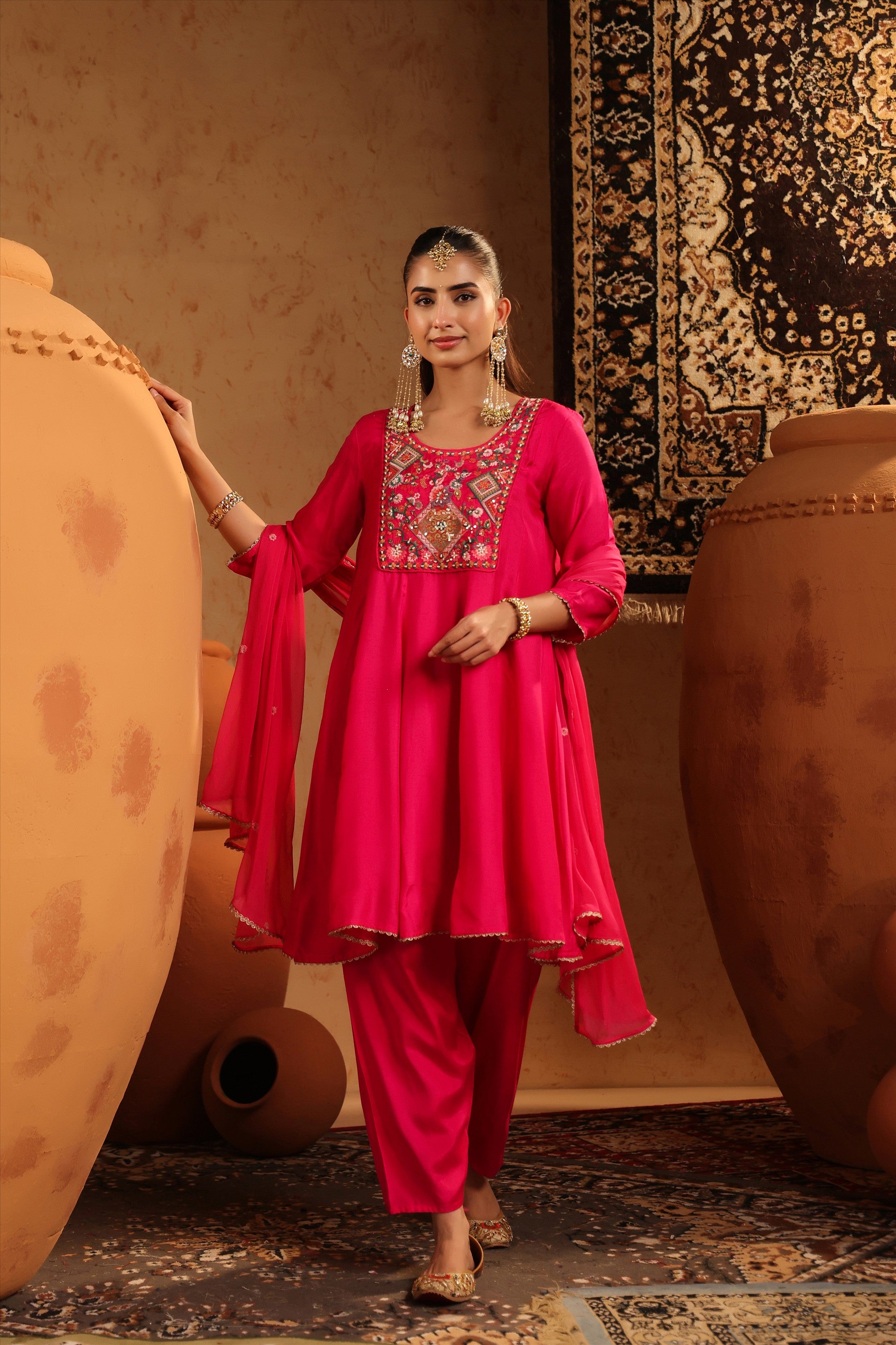 Fuchsia Silk Embroidered-Handwork Anarkali Suit Set