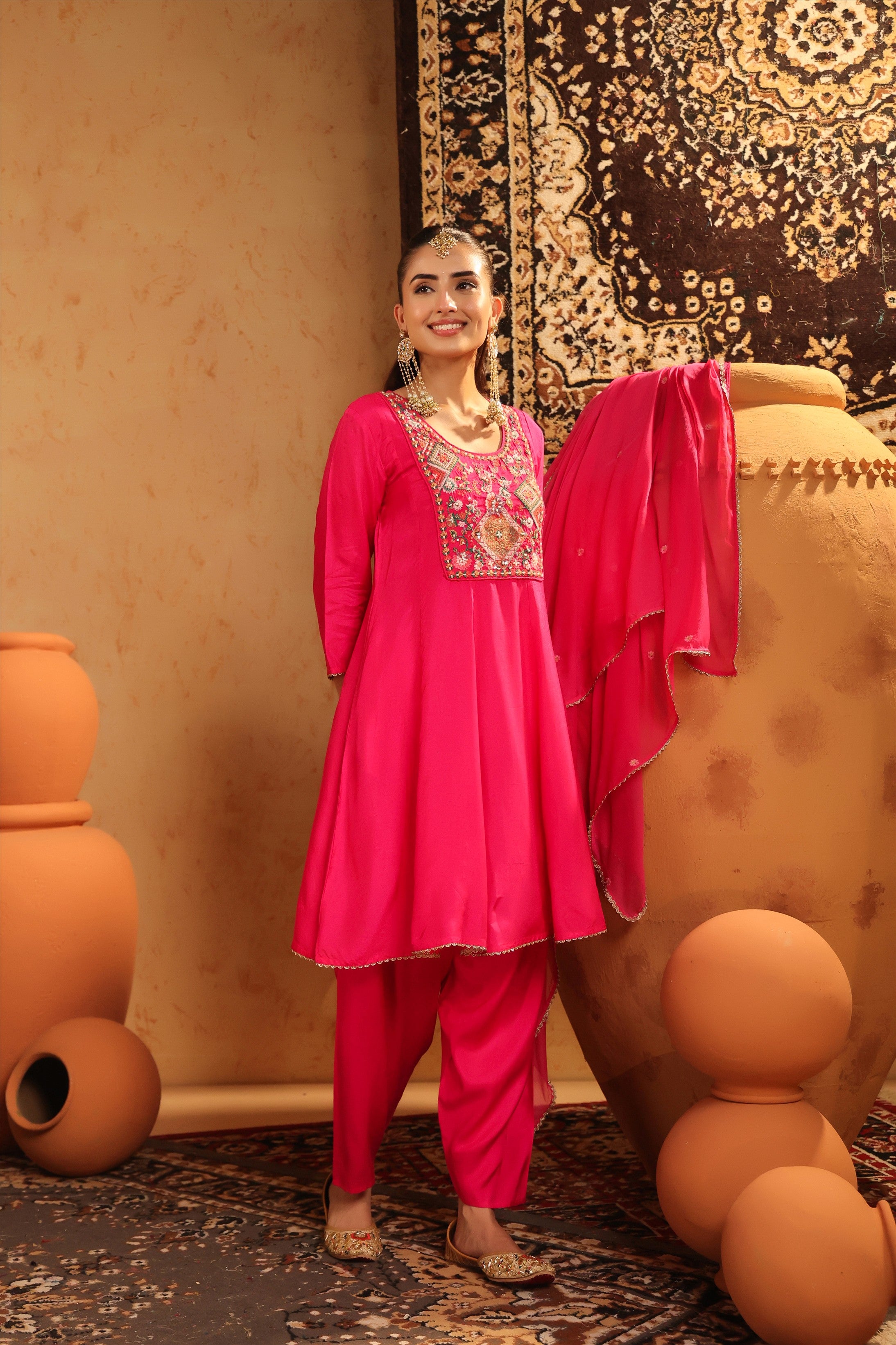 Fuchsia Silk Embroidered-Handwork Anarkali Suit Set