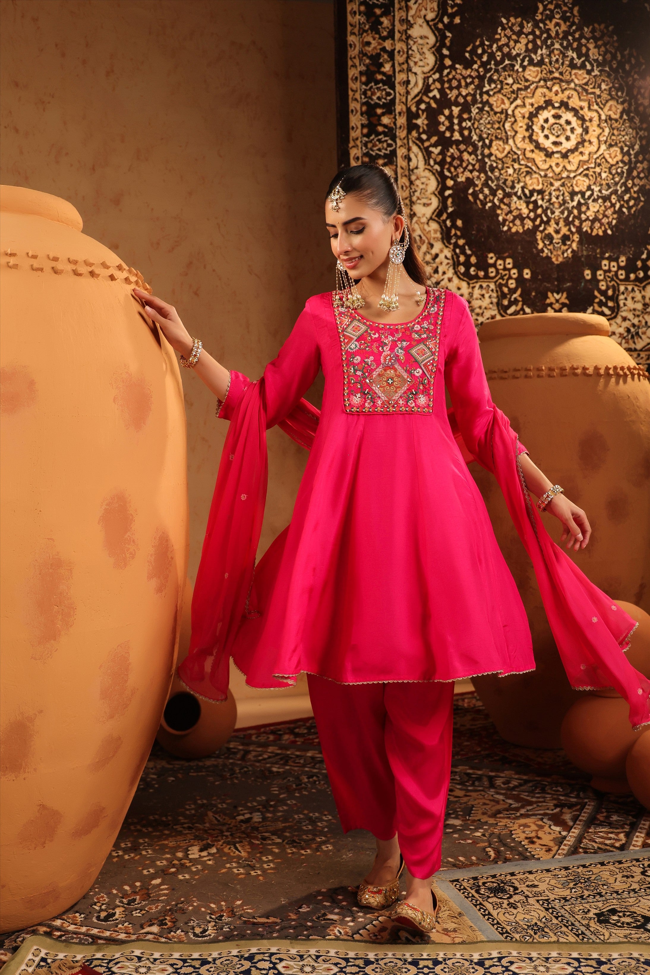 Fuchsia Silk Embroidered-Handwork Anarkali Suit Set
