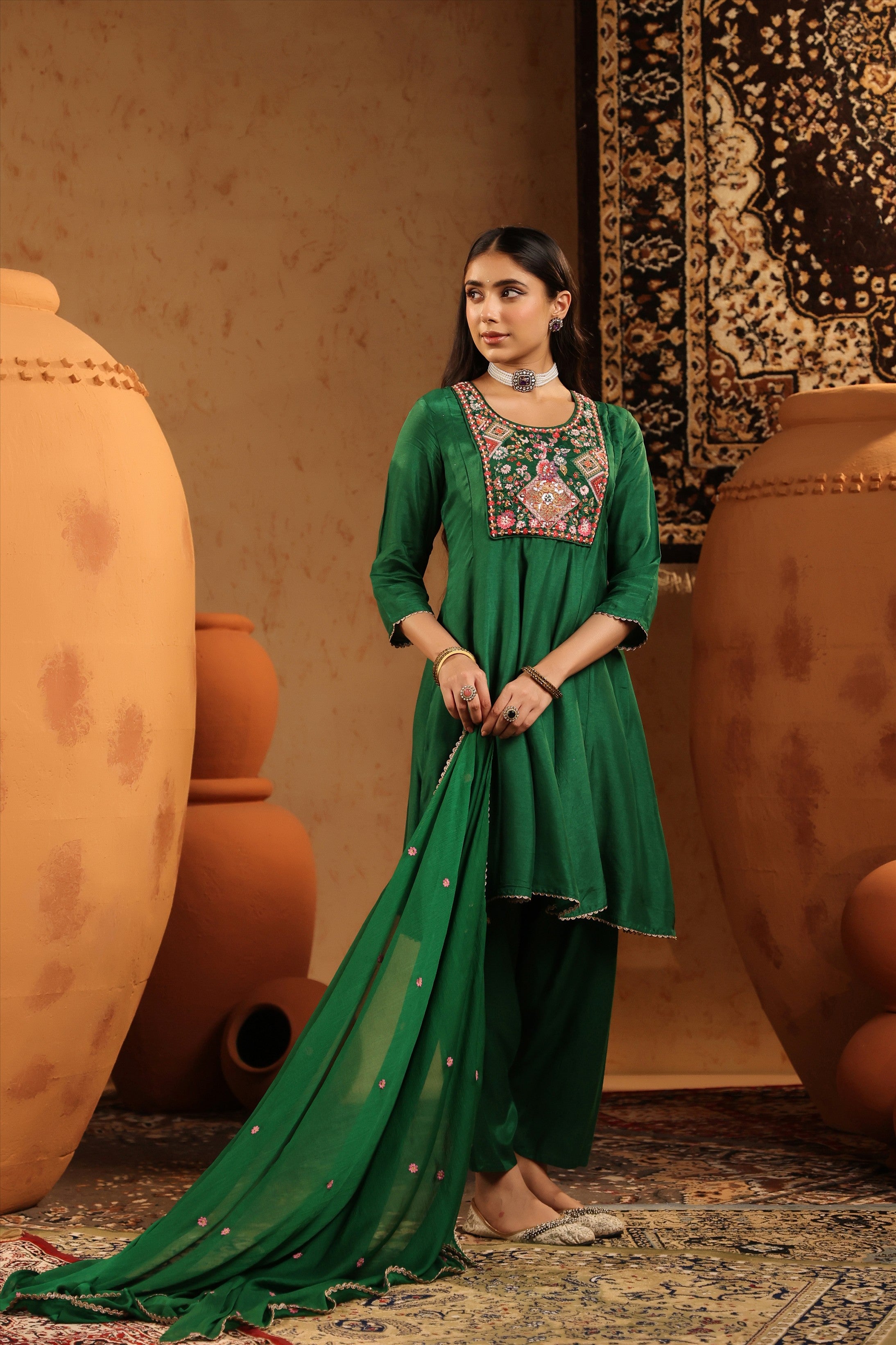 Green Silk Embroidered-Handwork Anarkali Suit Set