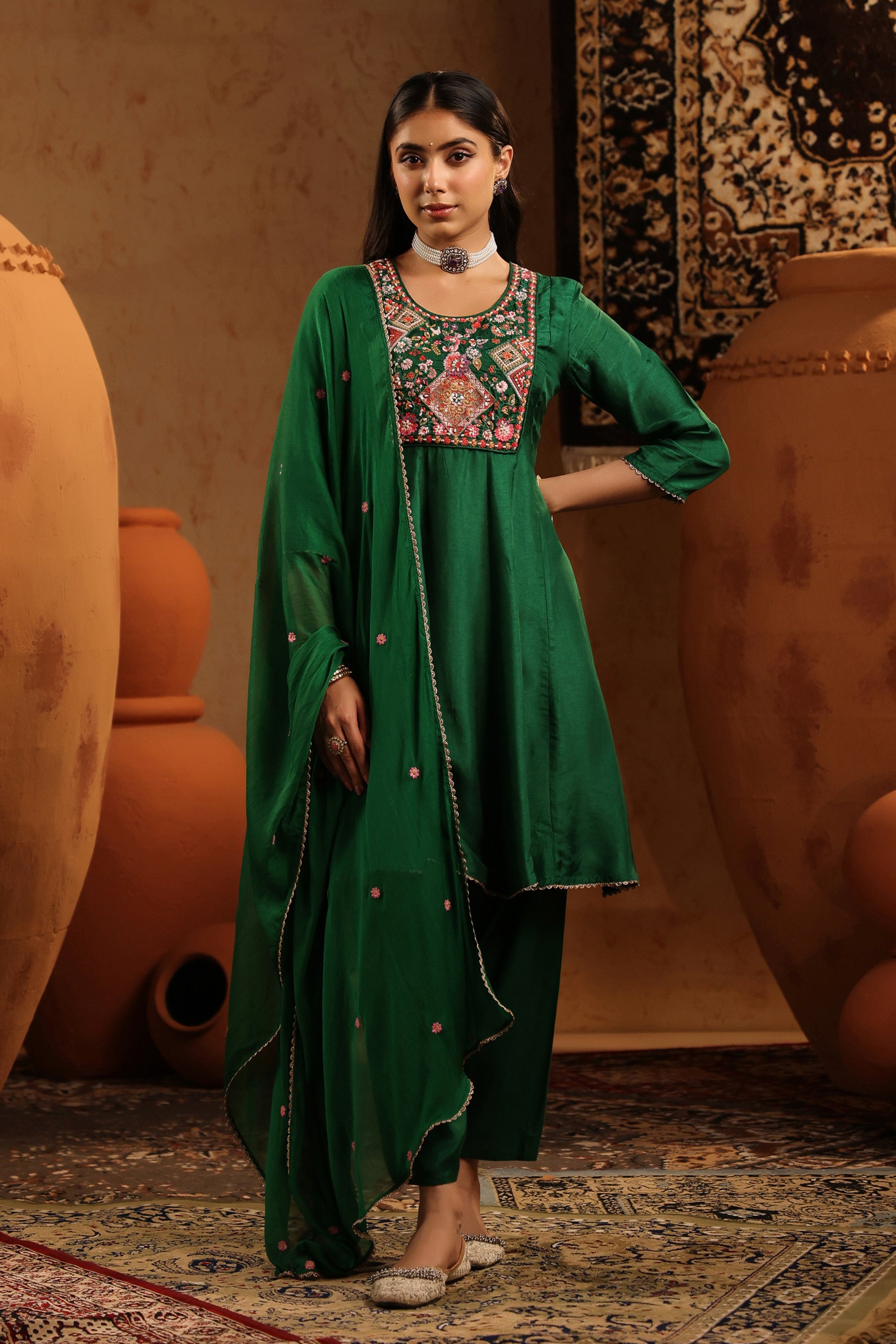 Green Silk Embroidered-Handwork Anarkali Suit Set