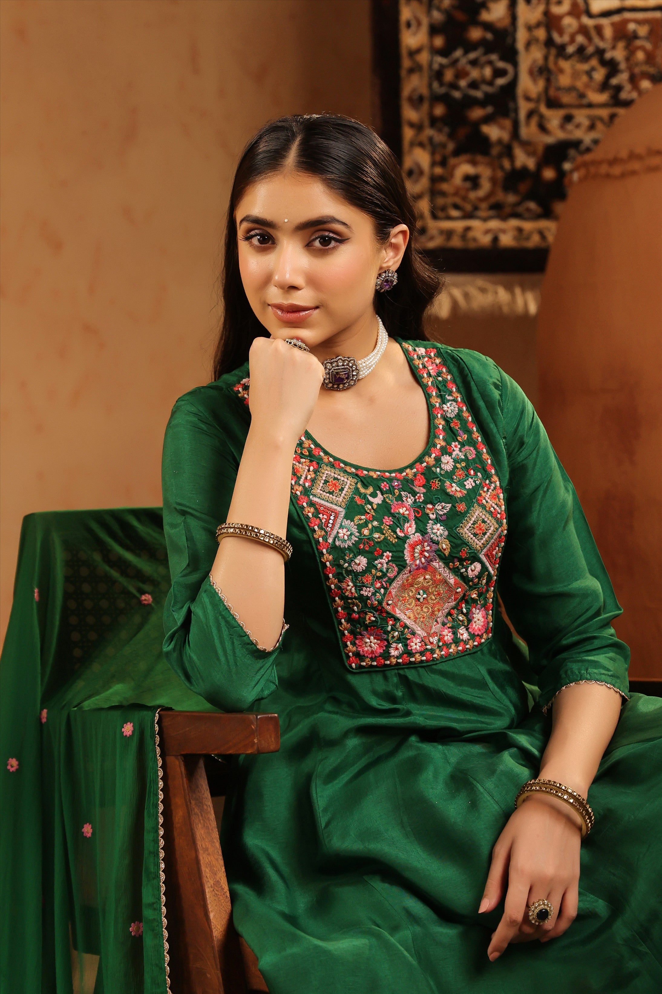 Green Silk Embroidered-Handwork Anarkali Suit Set