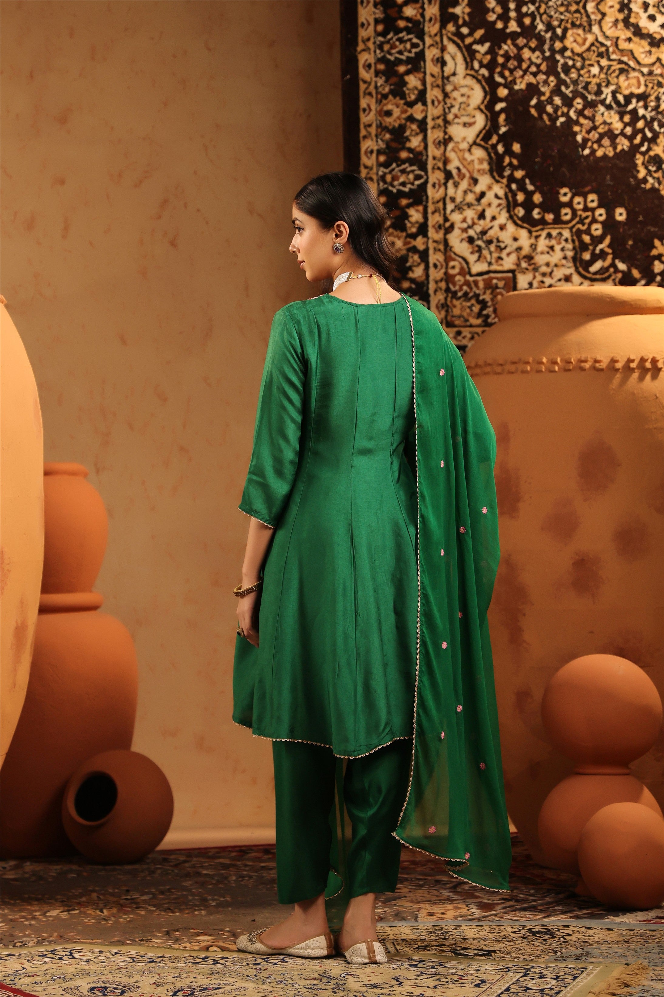 Green Silk Embroidered-Handwork Anarkali Suit Set
