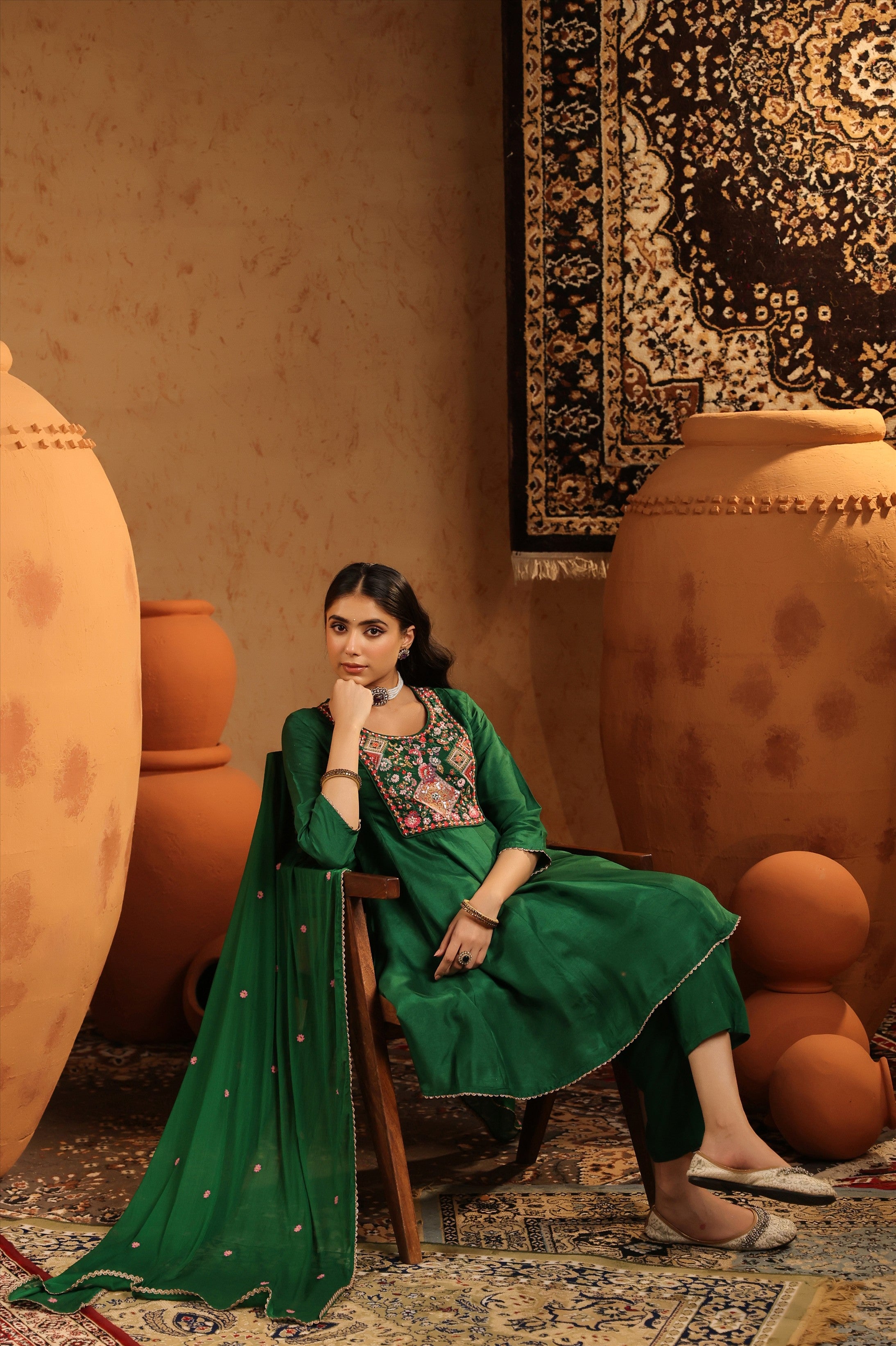 Green Silk Embroidered-Handwork Anarkali Suit Set