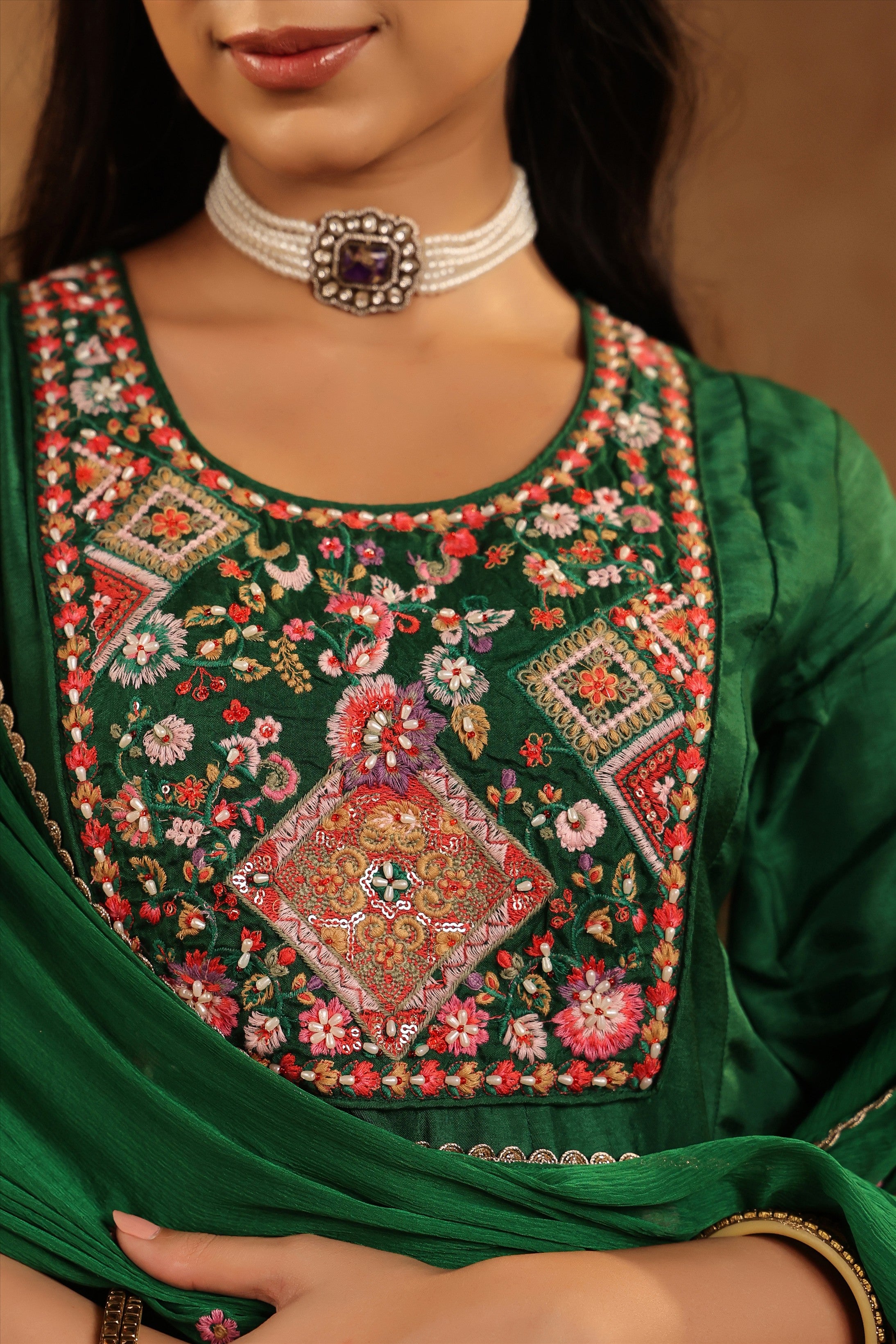 Green Silk Embroidered-Handwork Anarkali Suit Set