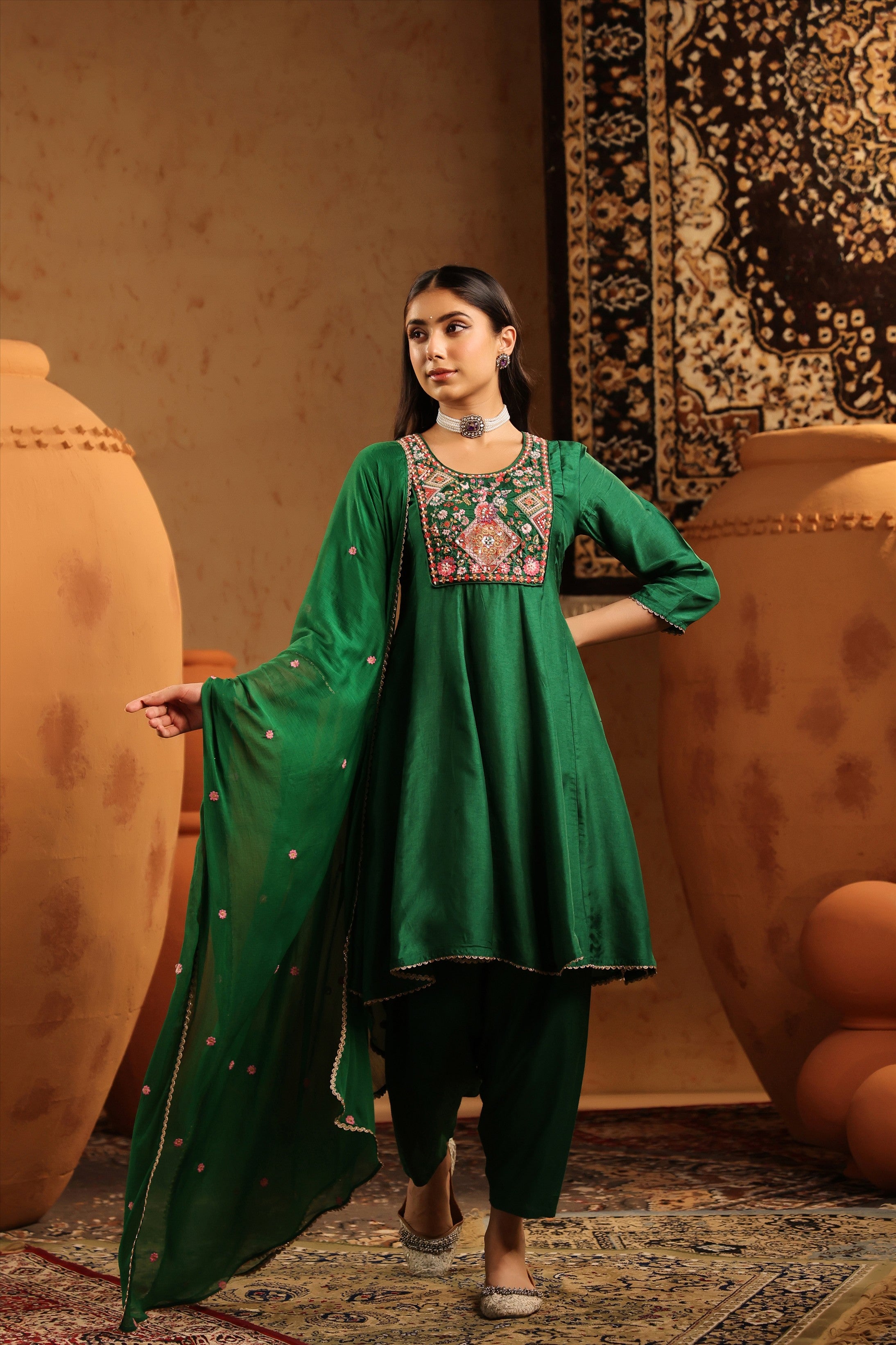 Green Silk Embroidered-Handwork Anarkali Suit Set
