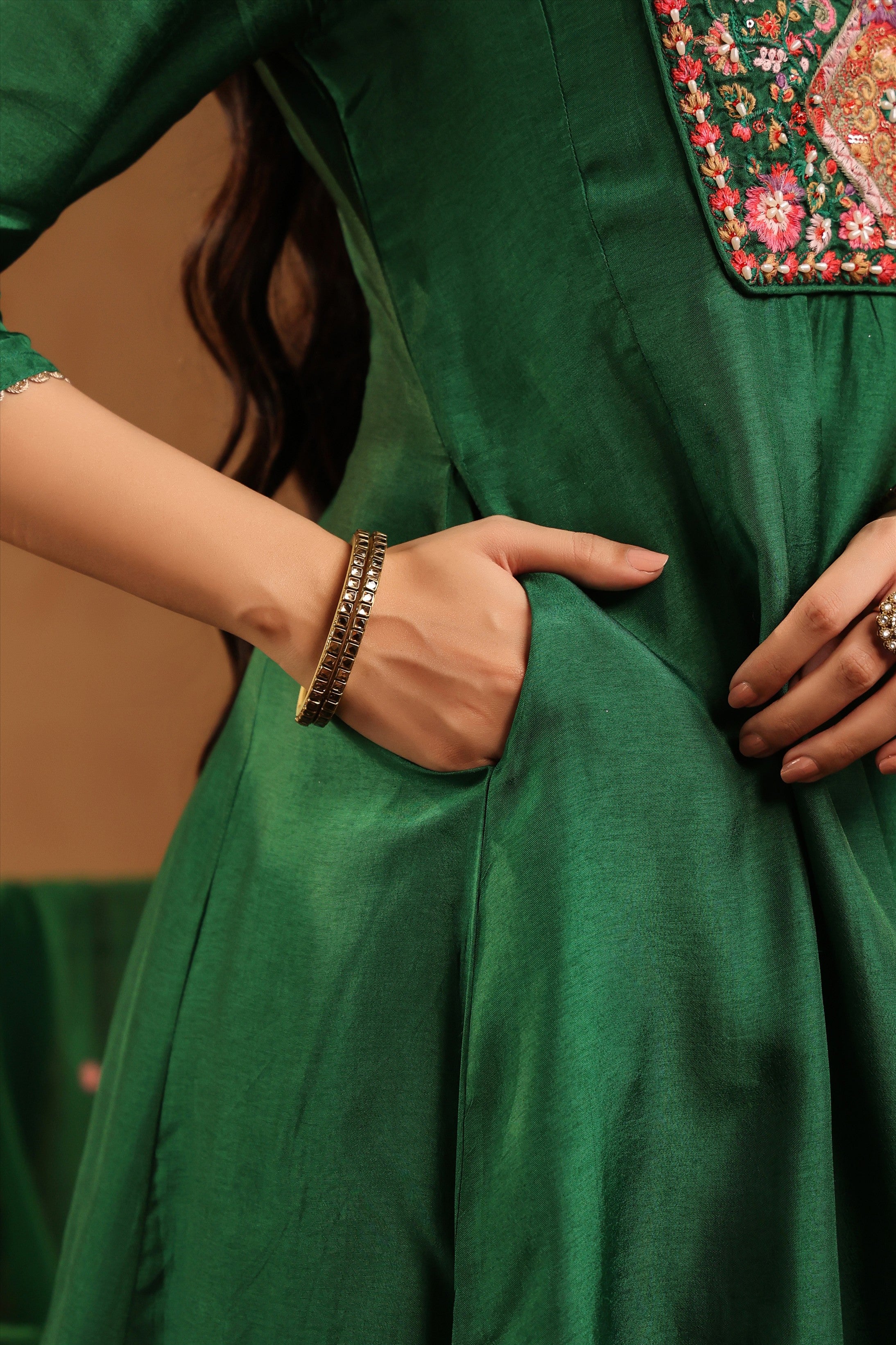 Green Silk Embroidered-Handwork Anarkali Suit Set