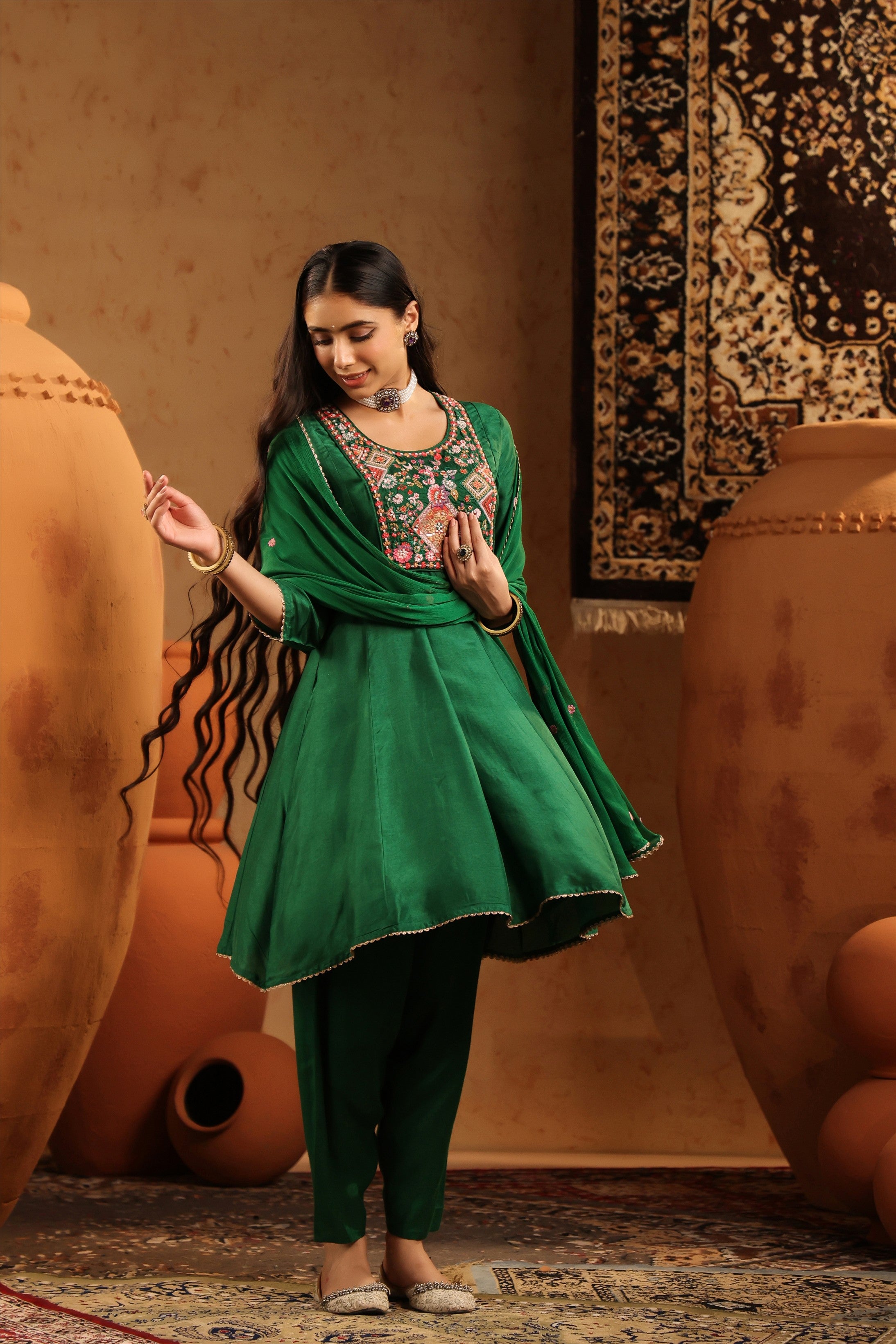 Green Silk Embroidered-Handwork Anarkali Suit Set