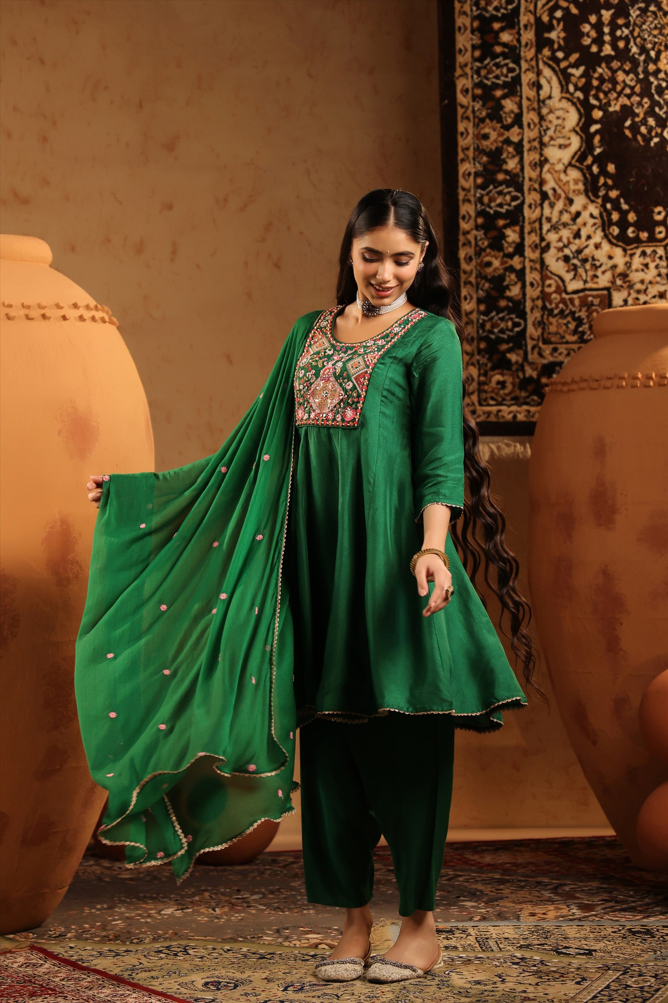 Green Silk Embroidered-Handwork Anarkali Suit Set