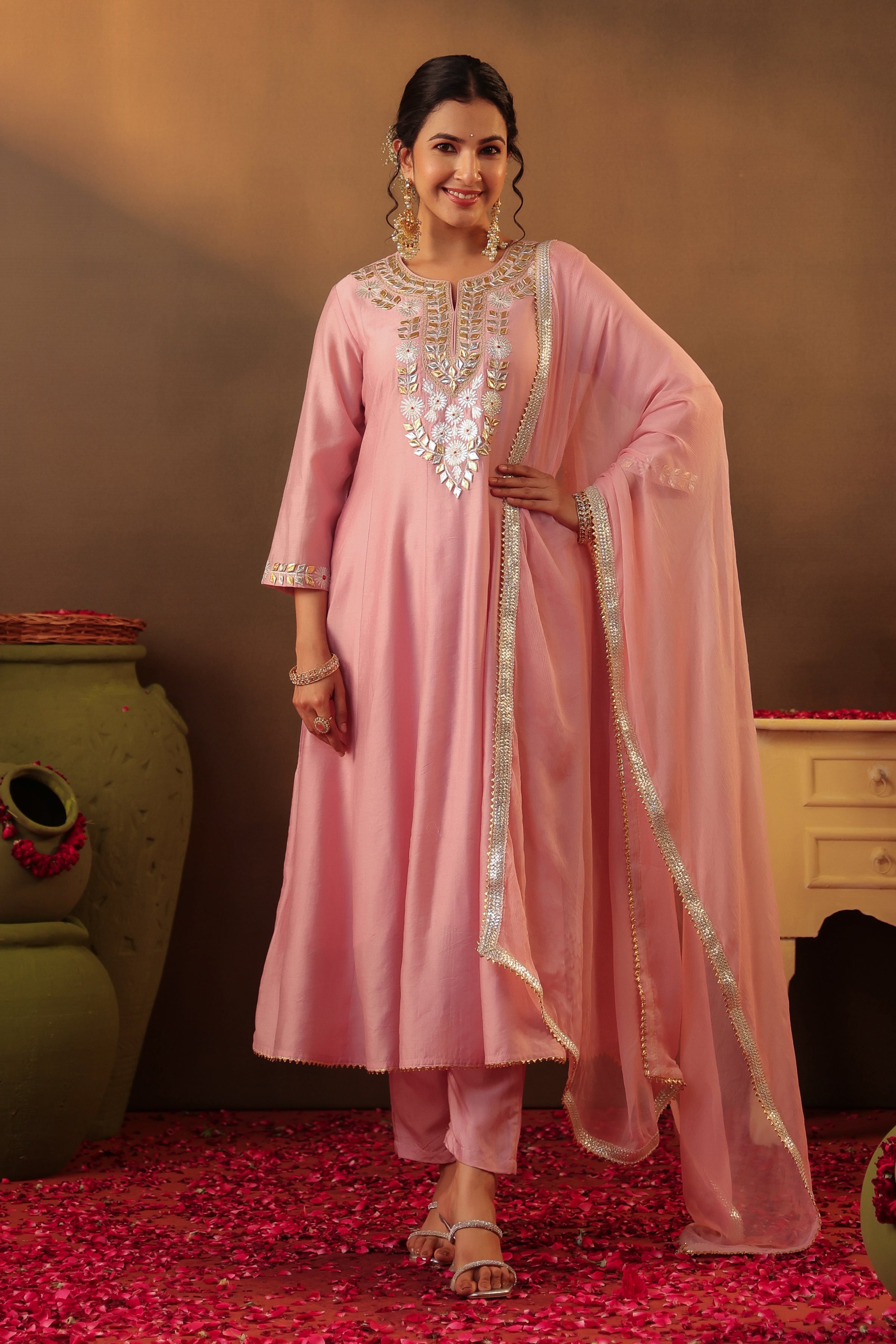 Mauve Chanderi Silk Gota Work Anarkali Suit Set