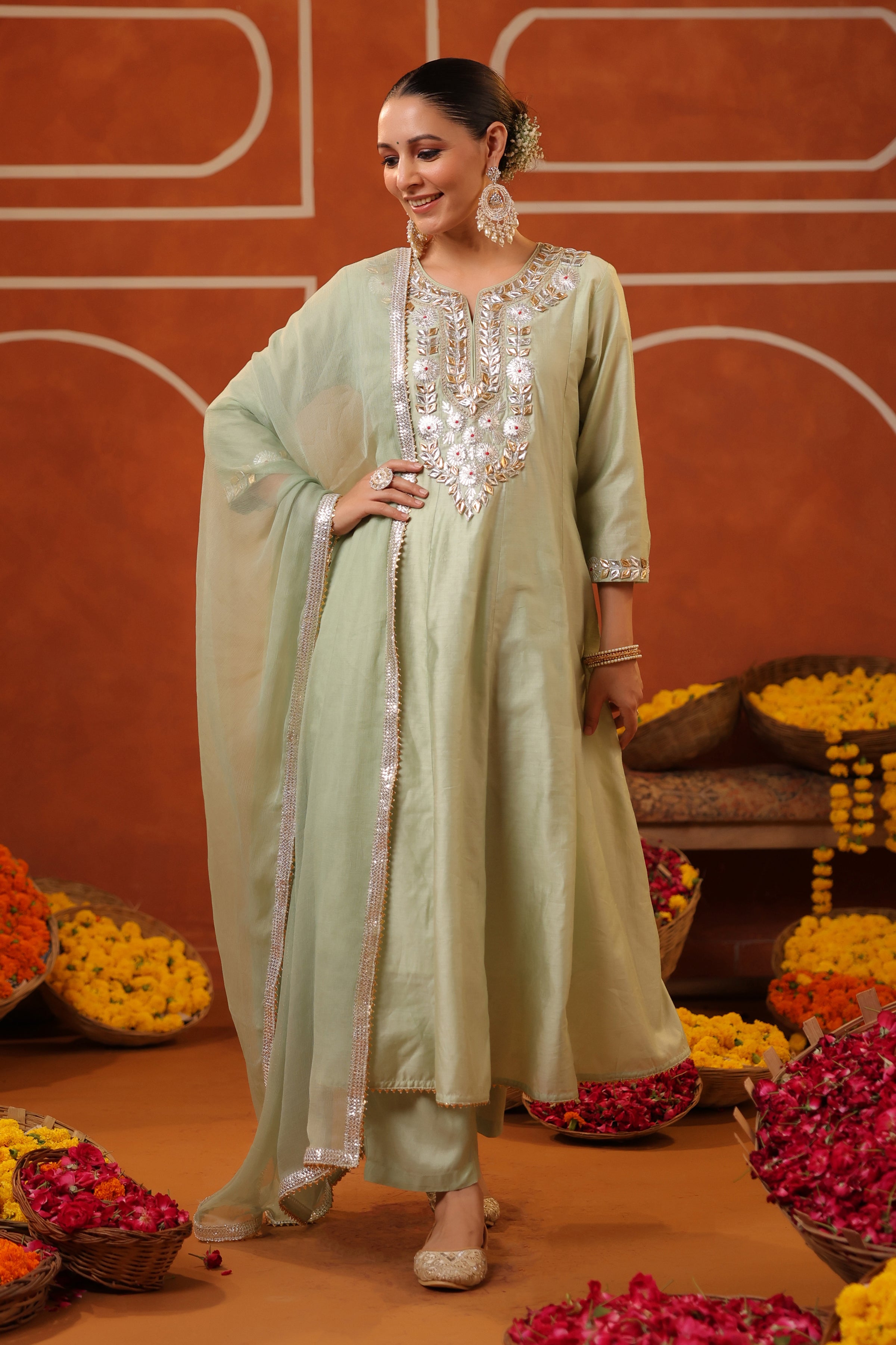 Pista Green Chanderi Silk Gota Work Anarkali Suit Set