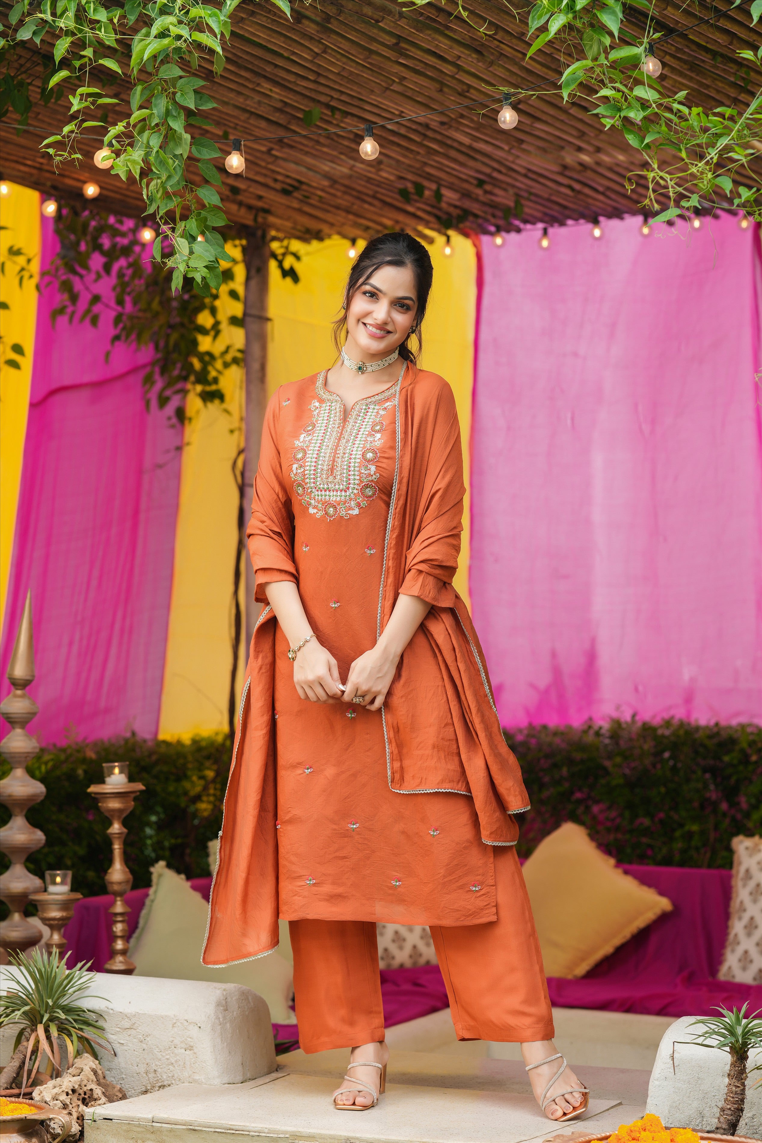 Rust Orange Mul Chanderi Embroidered Straight Suit Set