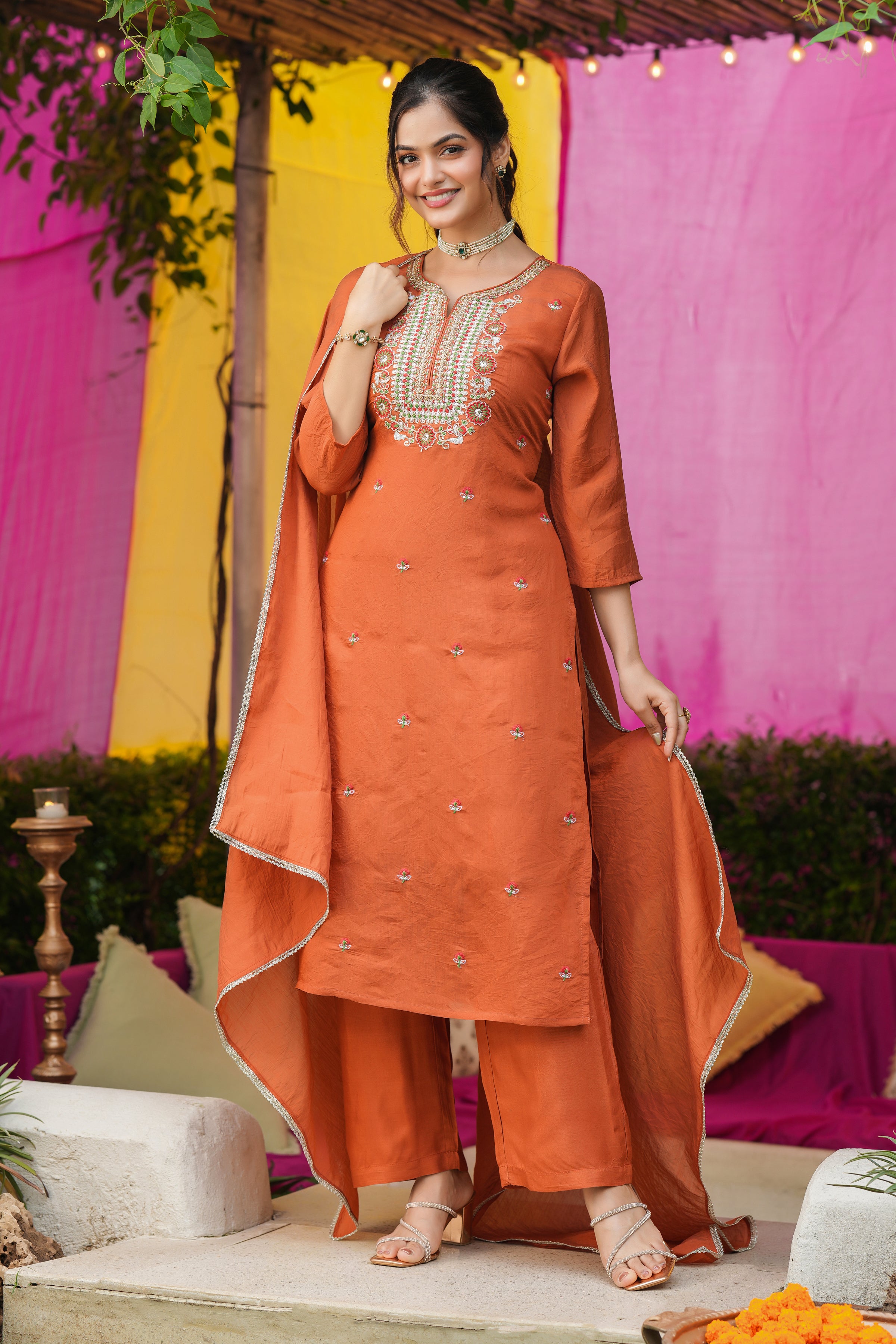 Rust Orange Mul Chanderi Embroidered Straight Suit Set