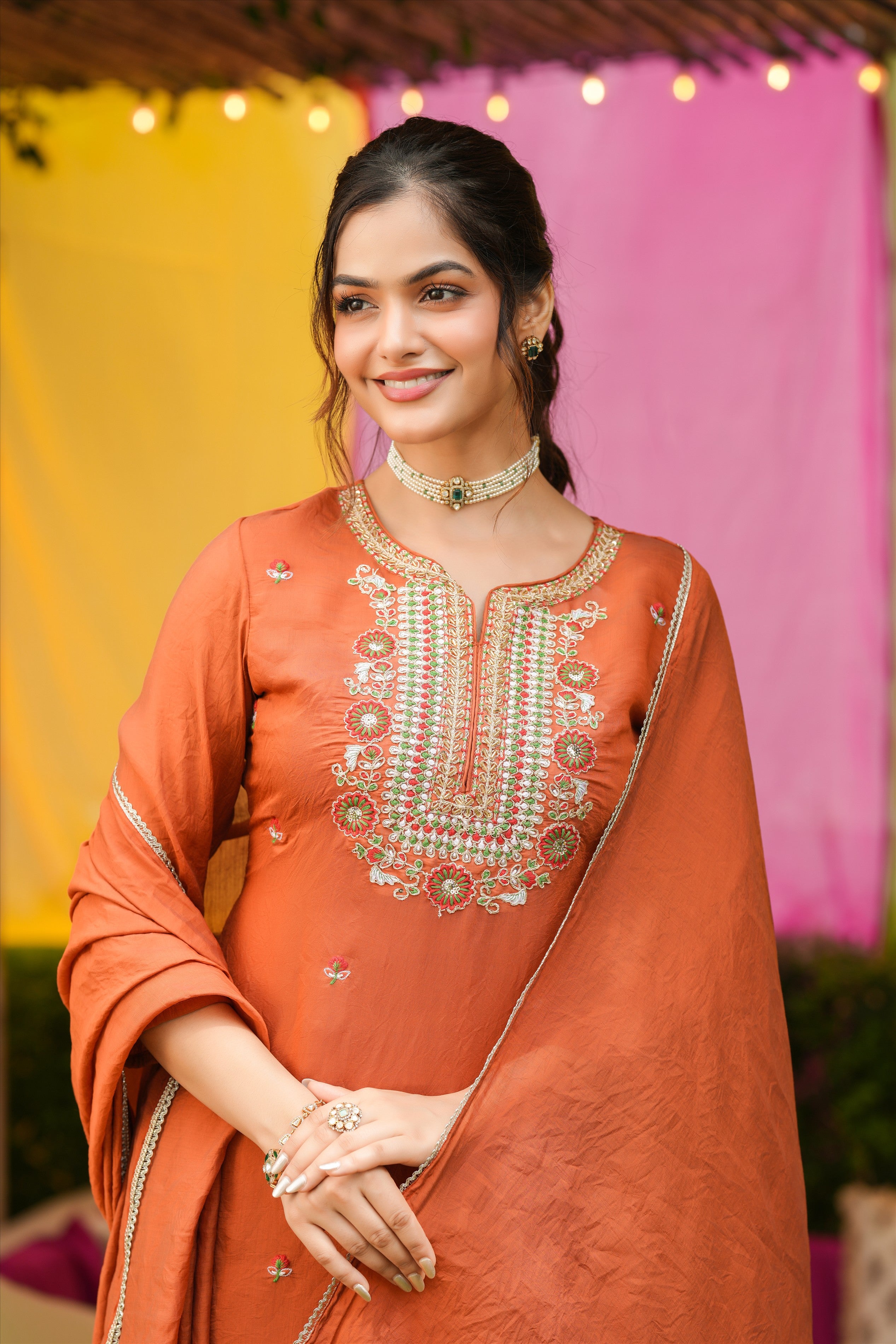 Rust Orange Mul Chanderi Embroidered Straight Suit Set