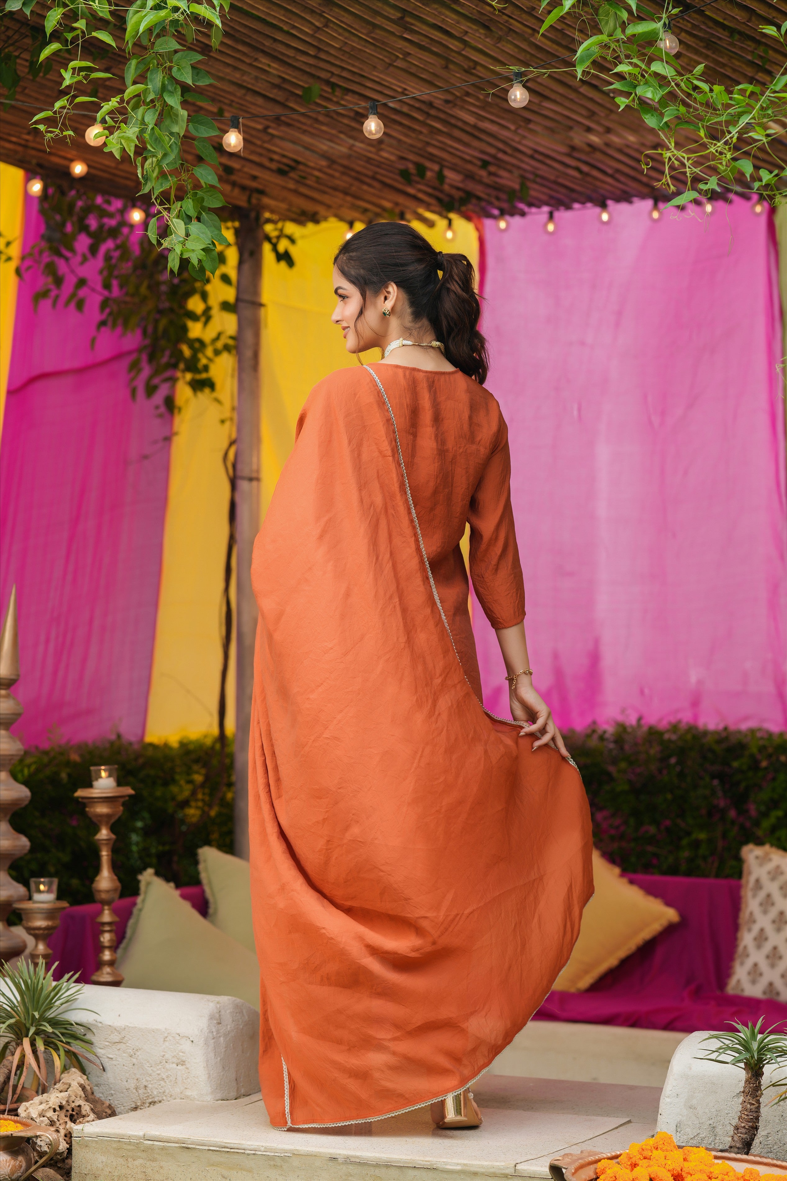 Rust Orange Mul Chanderi Embroidered Straight Suit Set