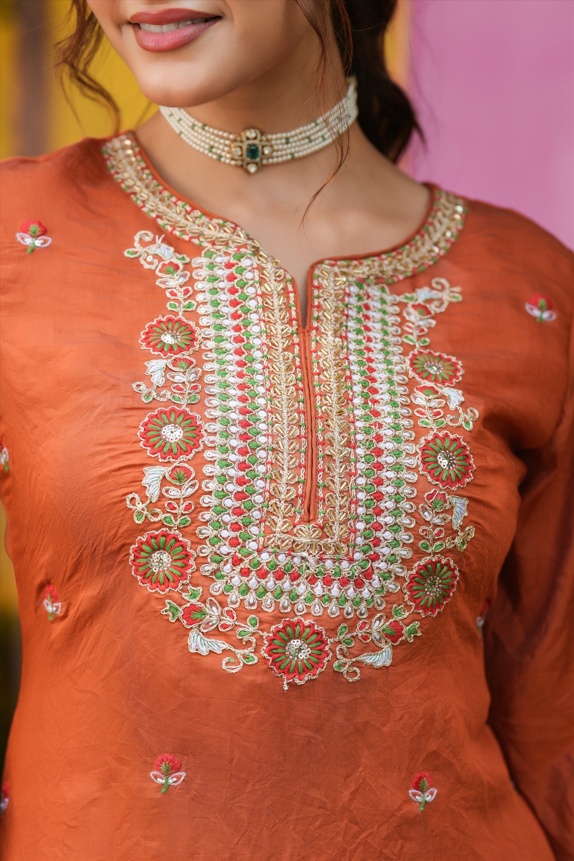 Rust Orange Mul Chanderi Embroidered Straight Suit Set