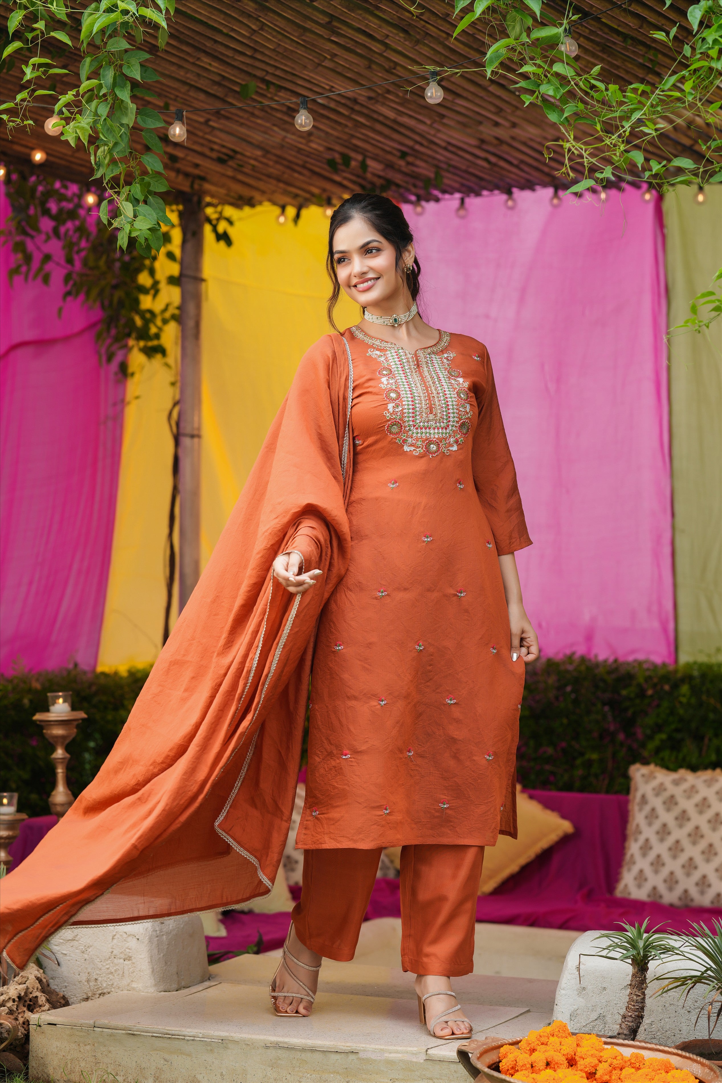 Rust Orange Mul Chanderi Embroidered Straight Suit Set