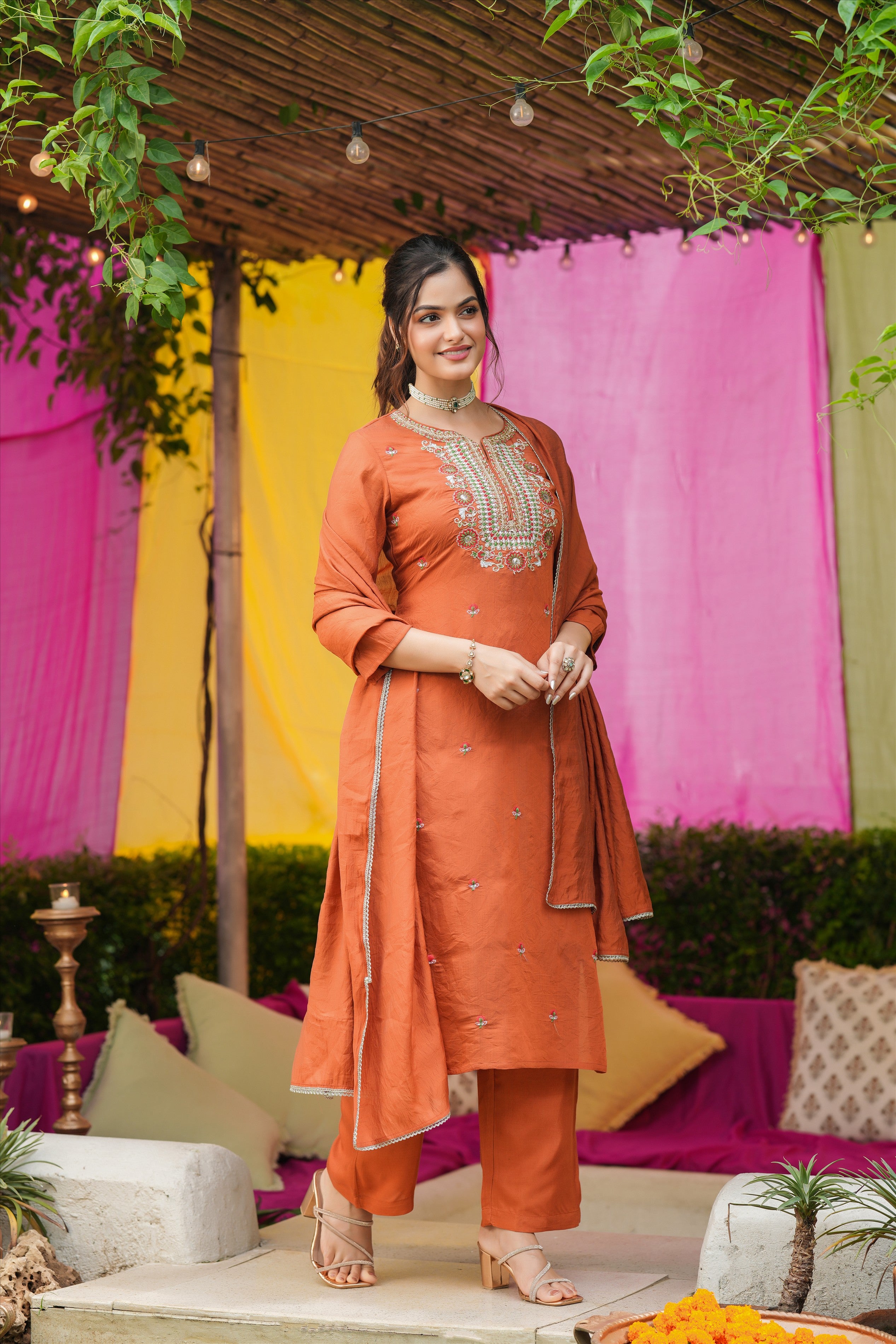 Rust Orange Mul Chanderi Embroidered Straight Suit Set