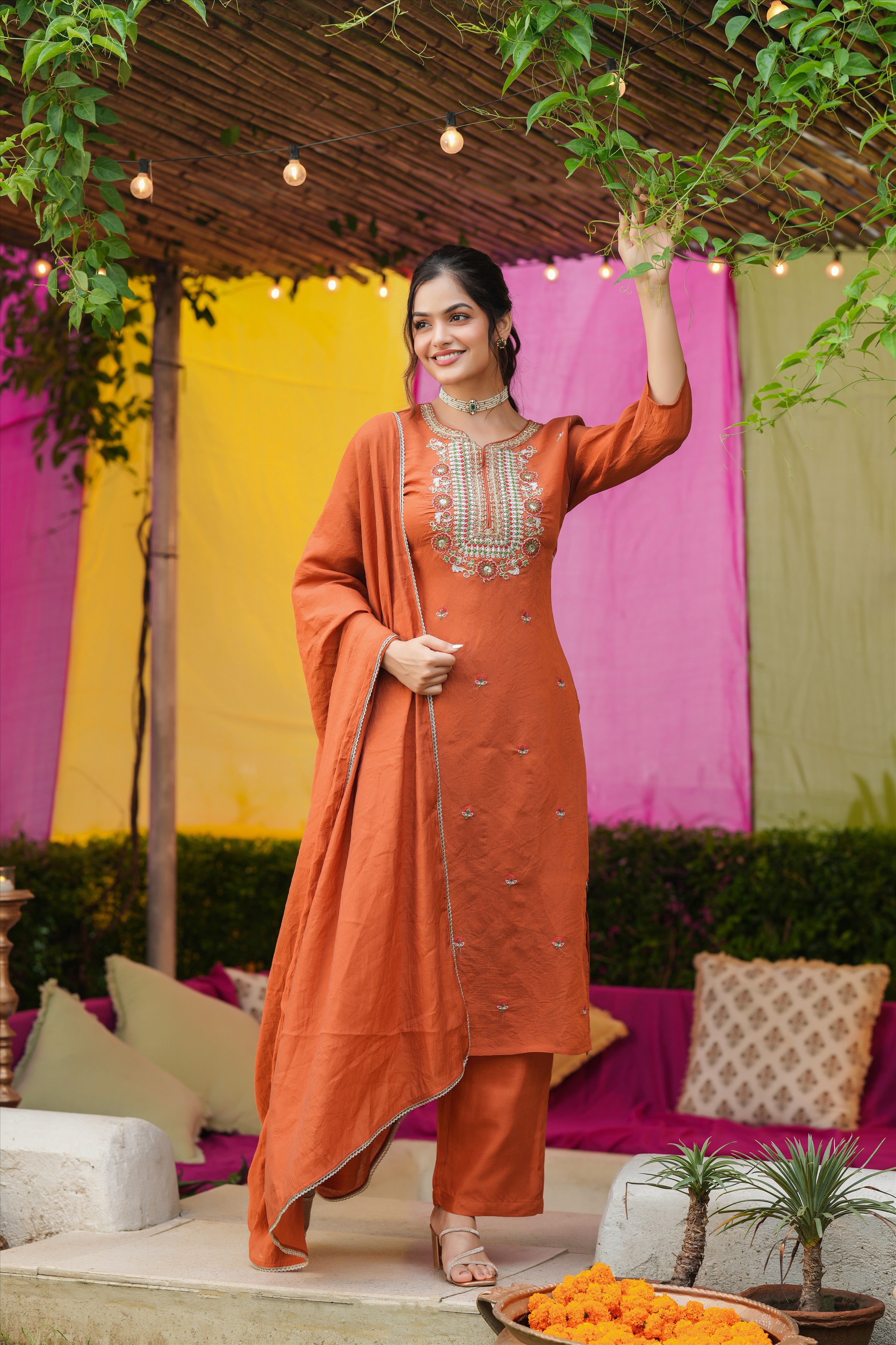 Rust Orange Mul Chanderi Embroidered Straight Suit Set