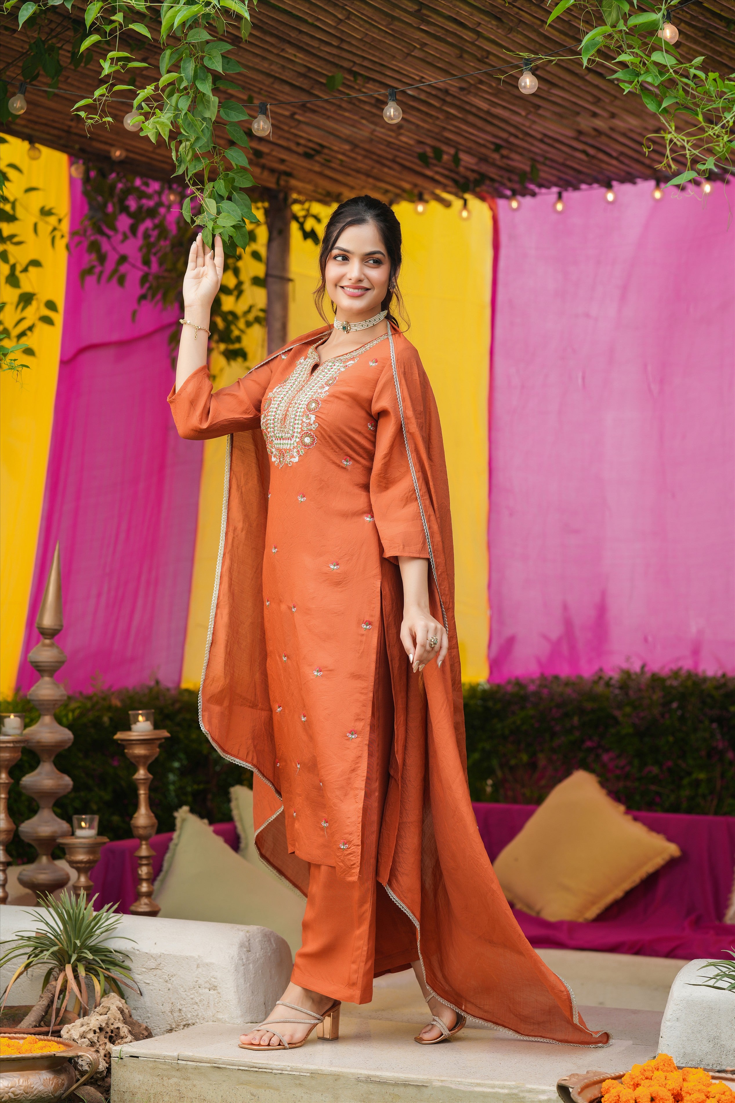 Rust Orange Mul Chanderi Embroidered Straight Suit Set