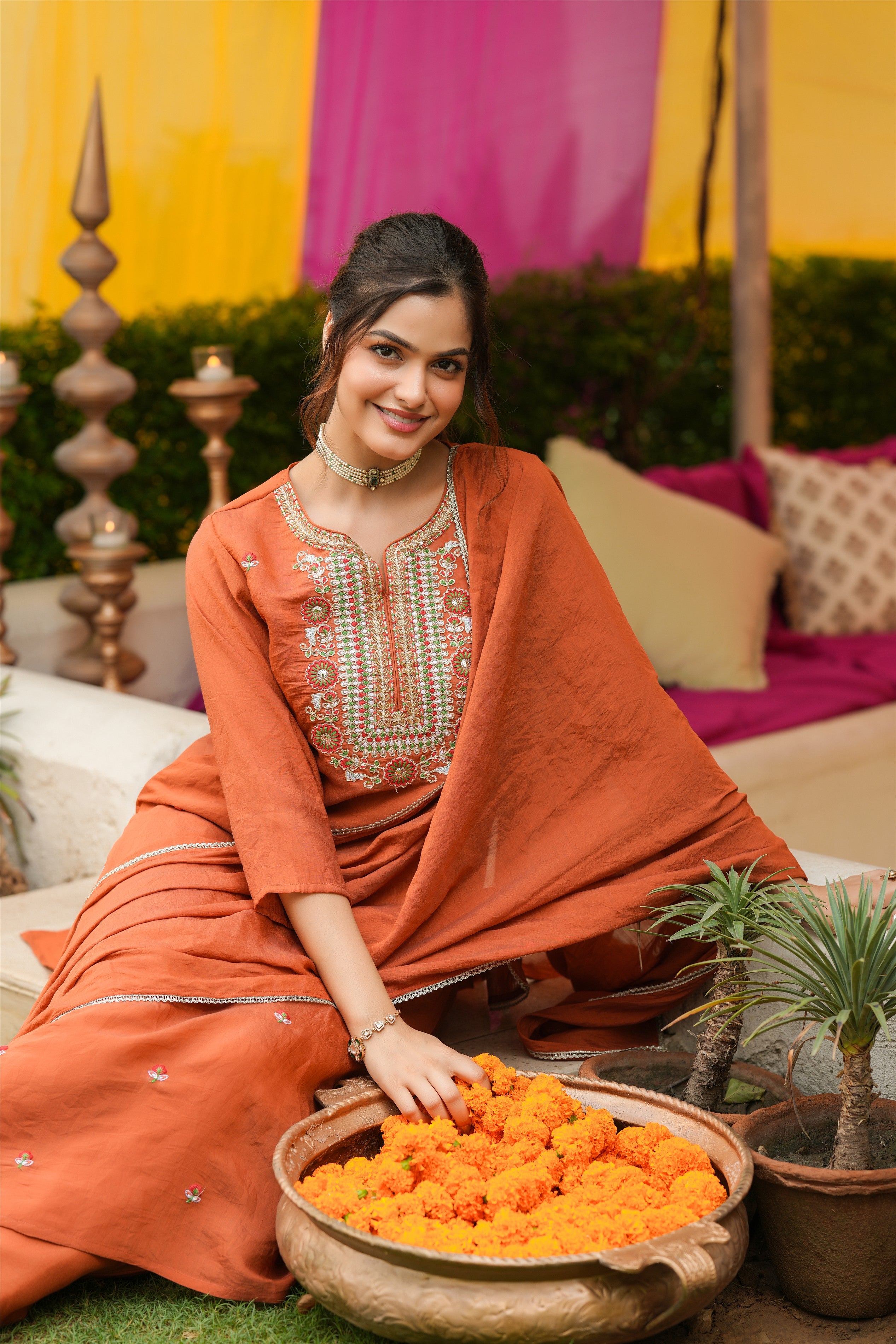 Rust Orange Mul Chanderi Embroidered Straight Suit Set