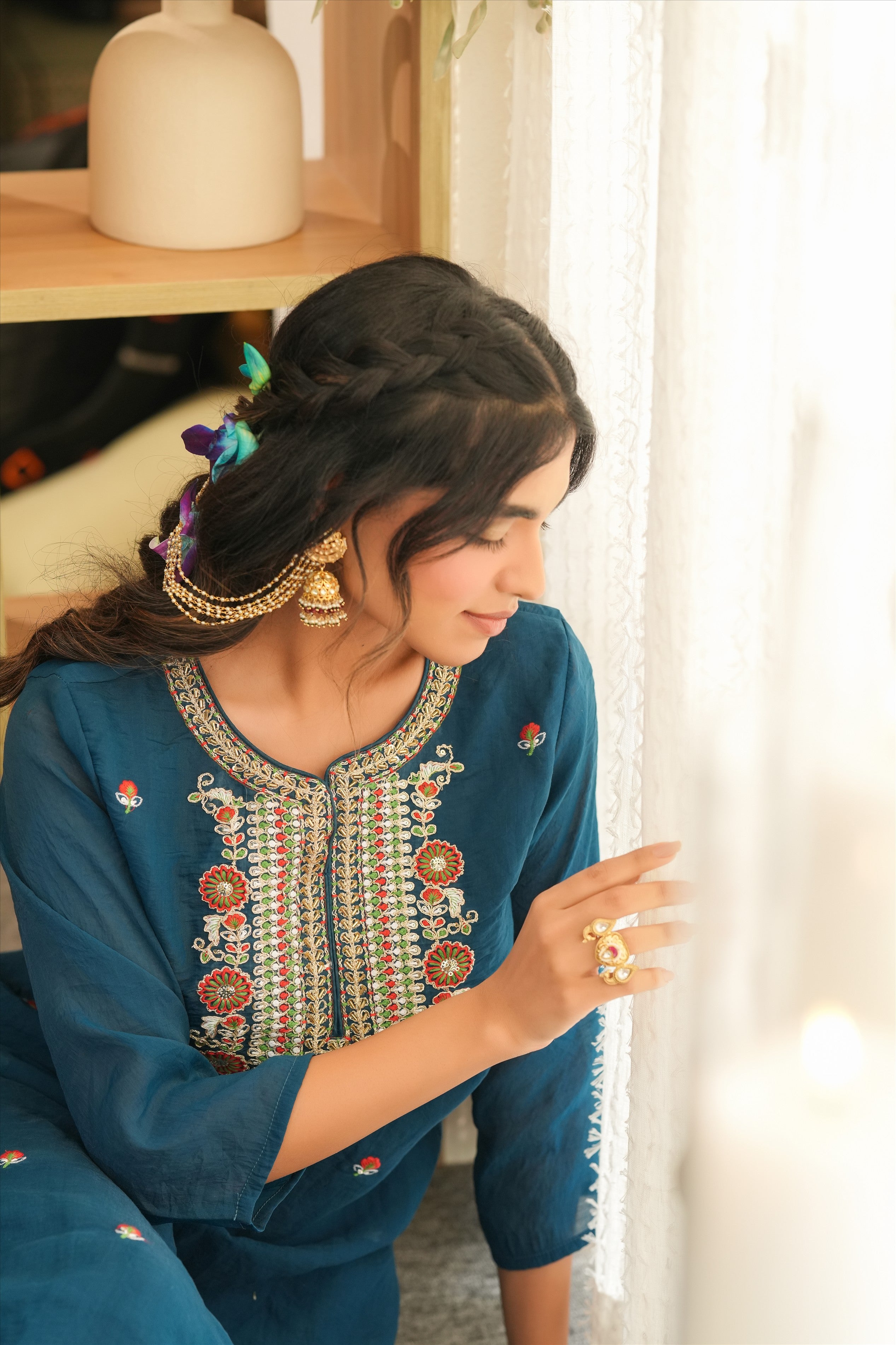 Teal Mul Chanderi Embroidered Straight Suit Set