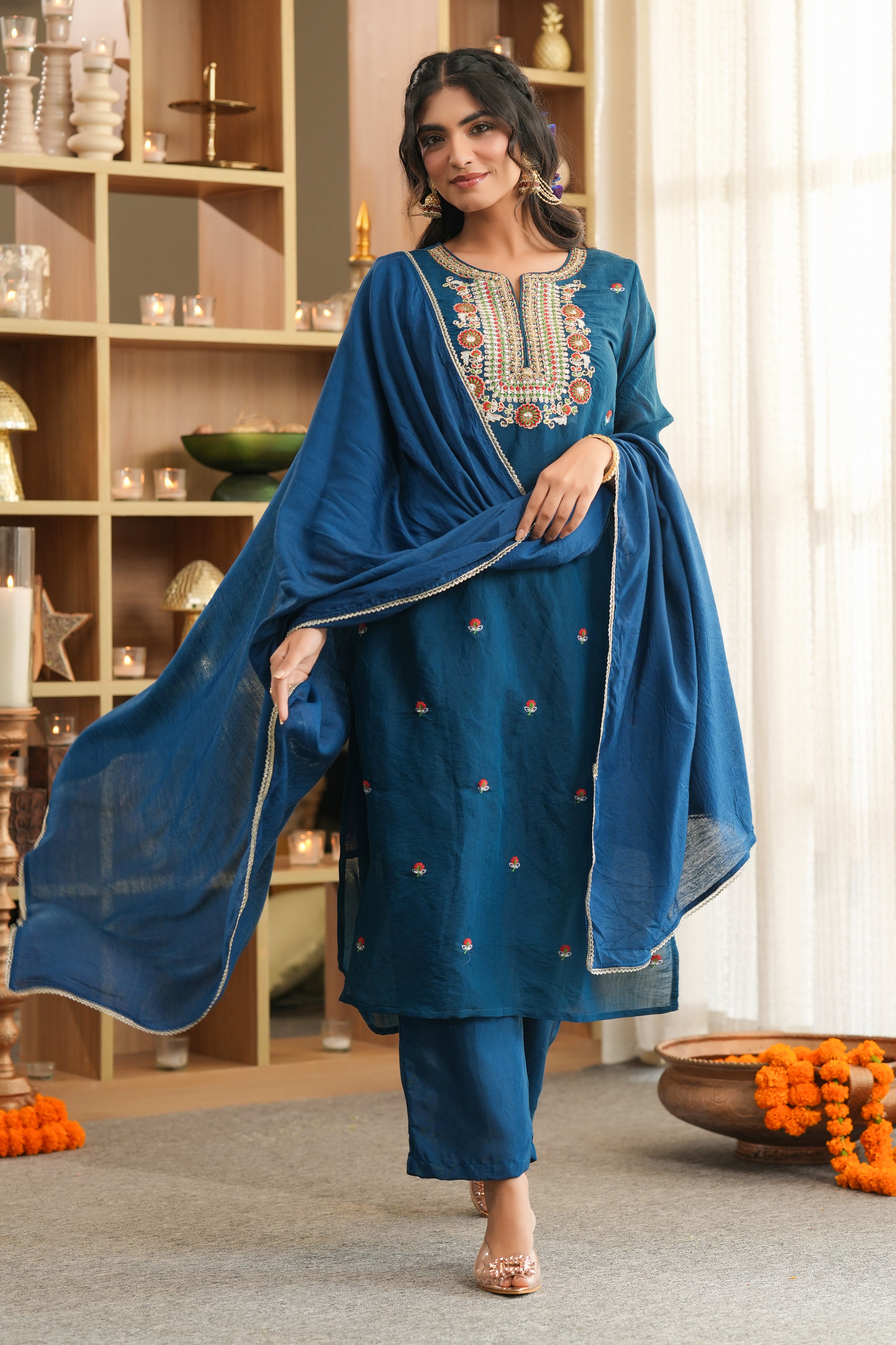 Teal Mul Chanderi Embroidered Straight Suit Set