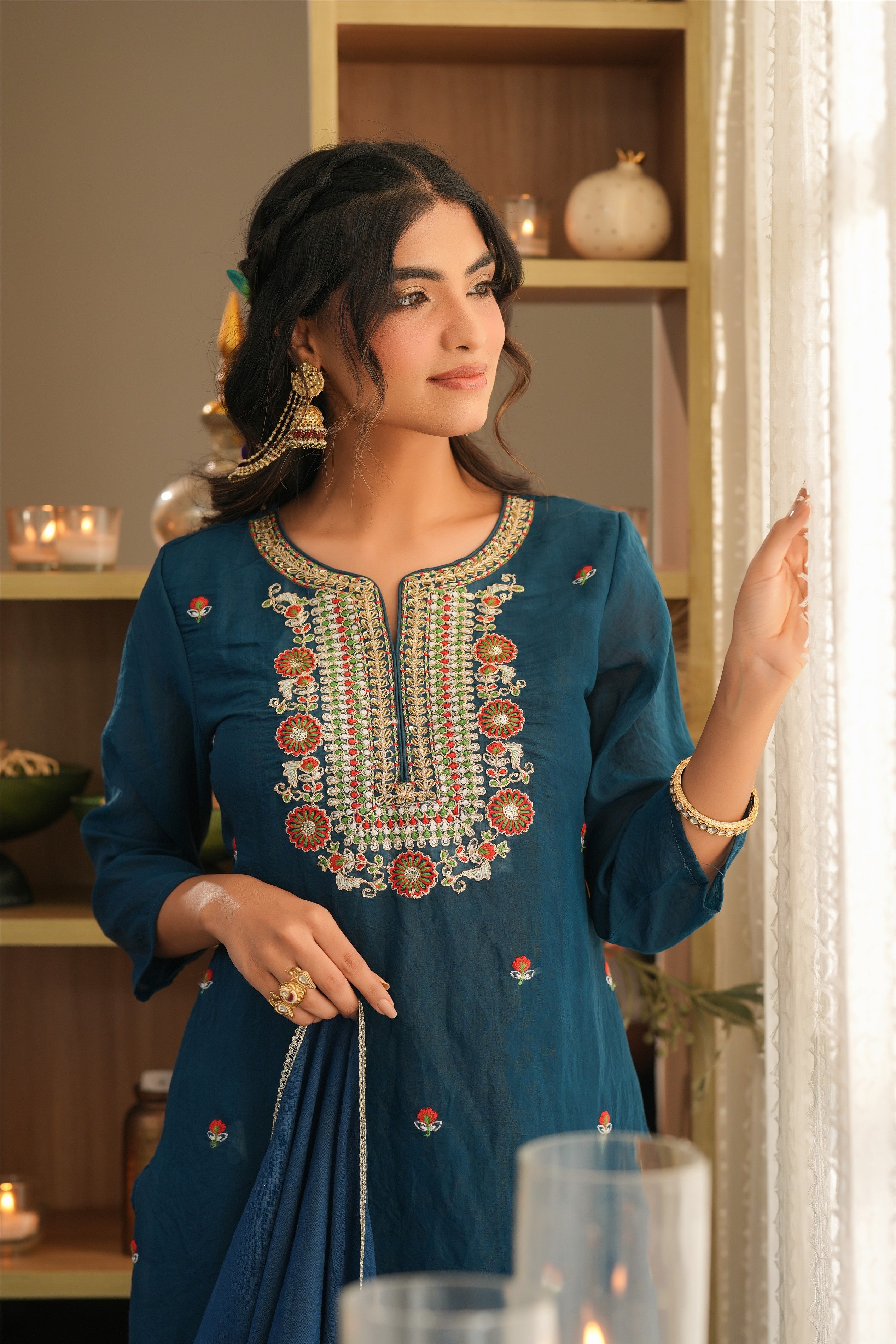Teal Mul Chanderi Embroidered Straight Suit Set