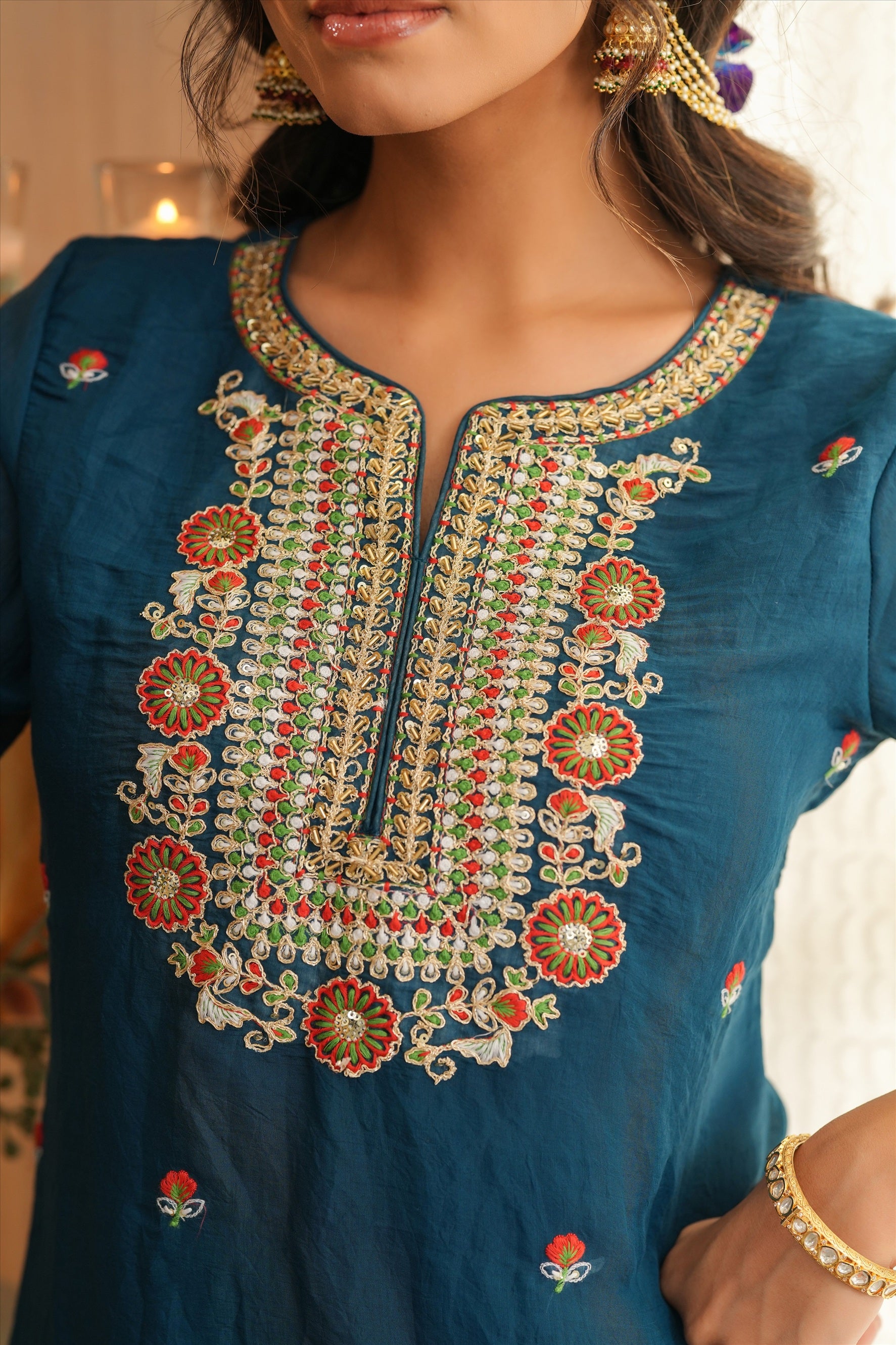 Teal Mul Chanderi Embroidered Straight Suit Set