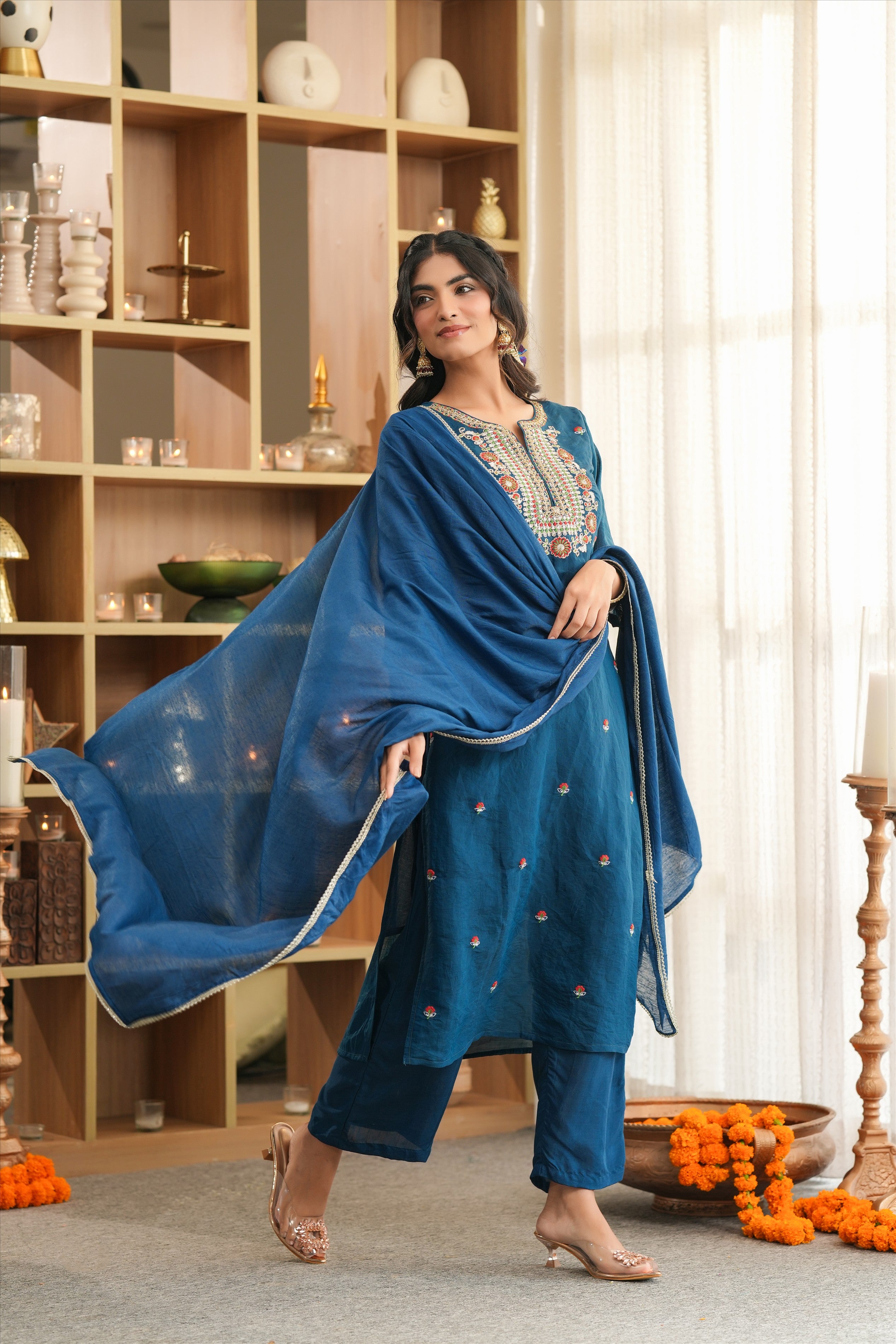 Teal Mul Chanderi Embroidered Straight Suit Set