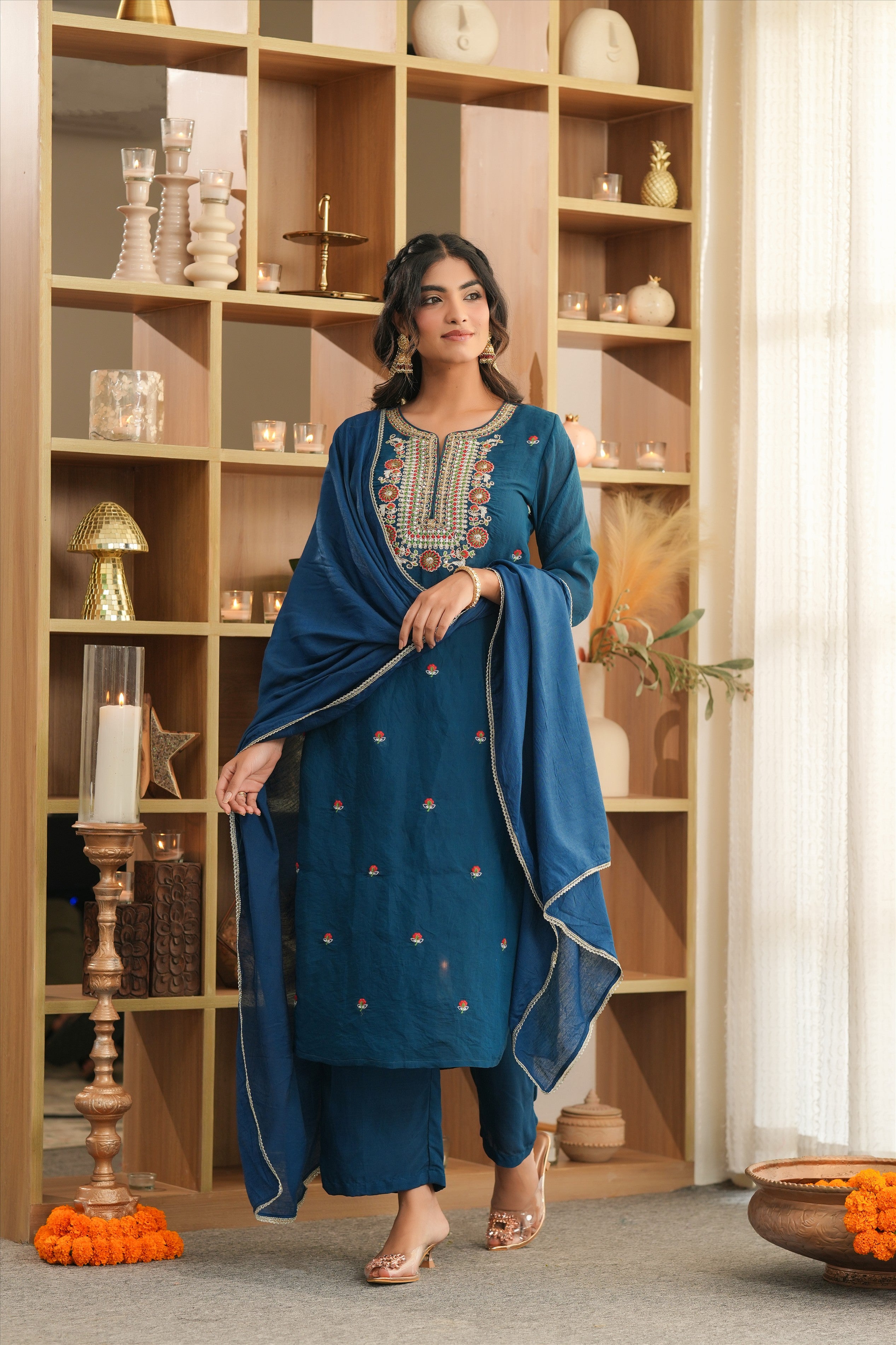 Teal Mul Chanderi Embroidered Straight Suit Set