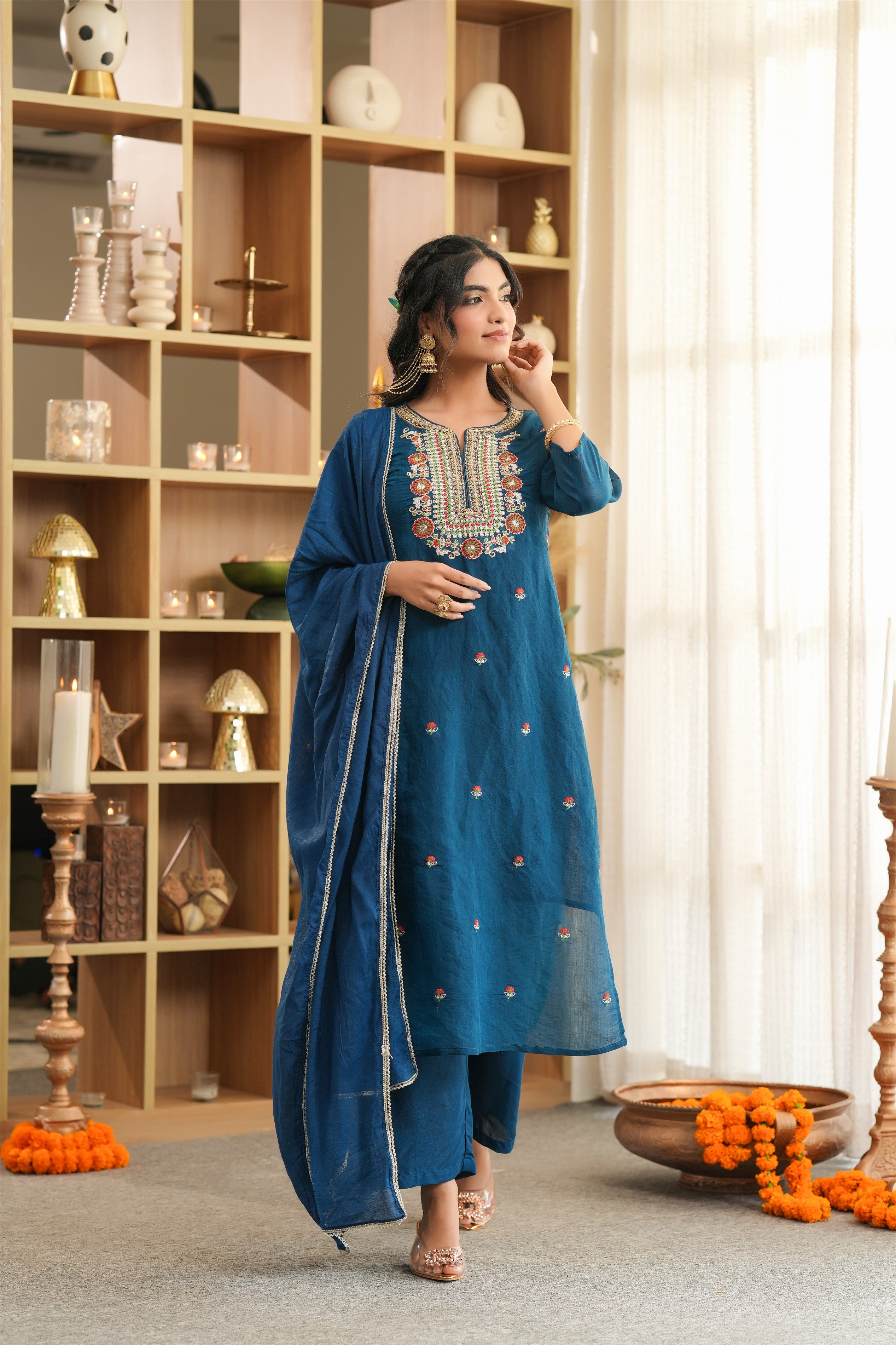 Teal Mul Chanderi Embroidered Straight Suit Set