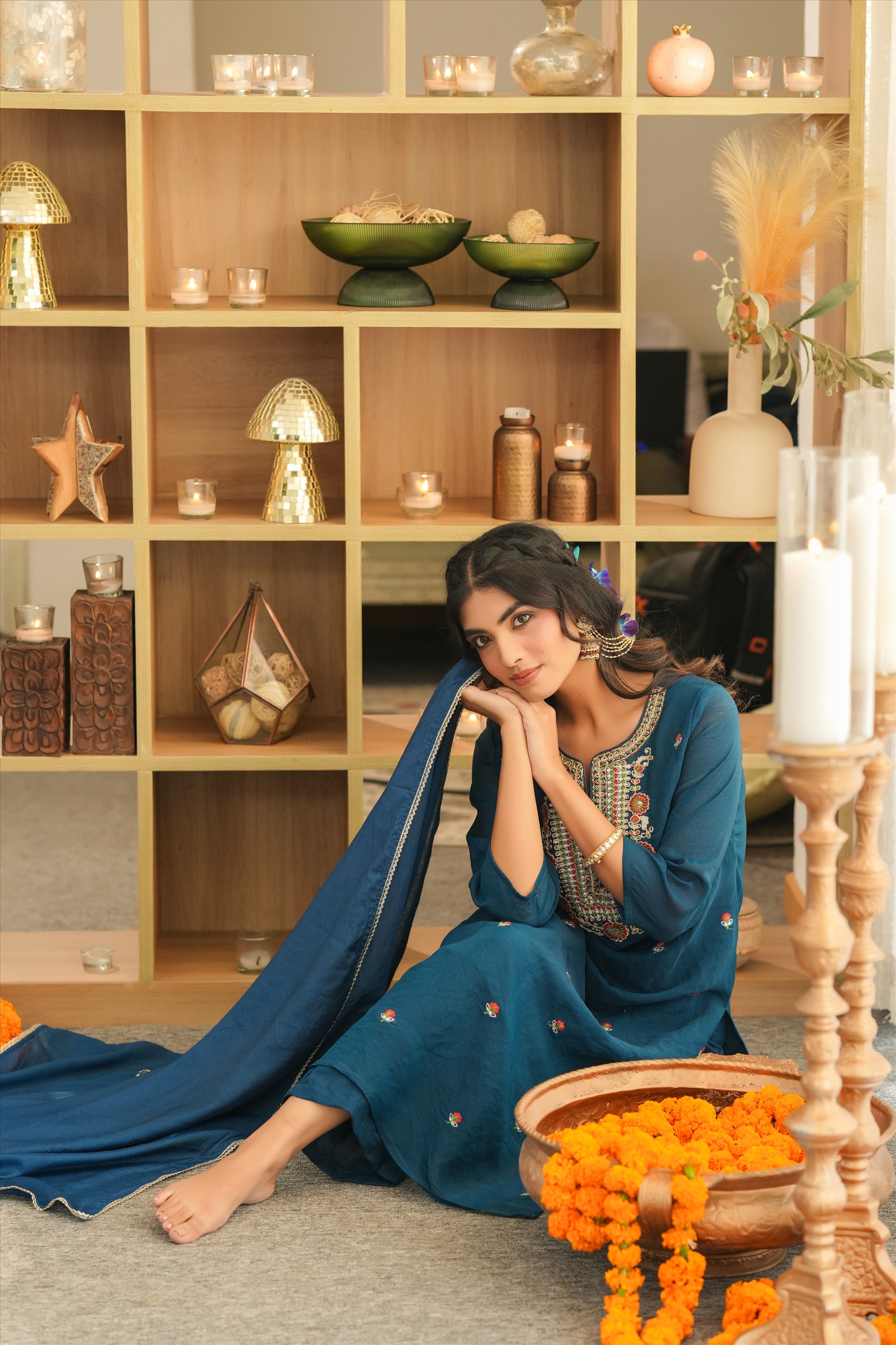 Teal Mul Chanderi Embroidered Straight Suit Set