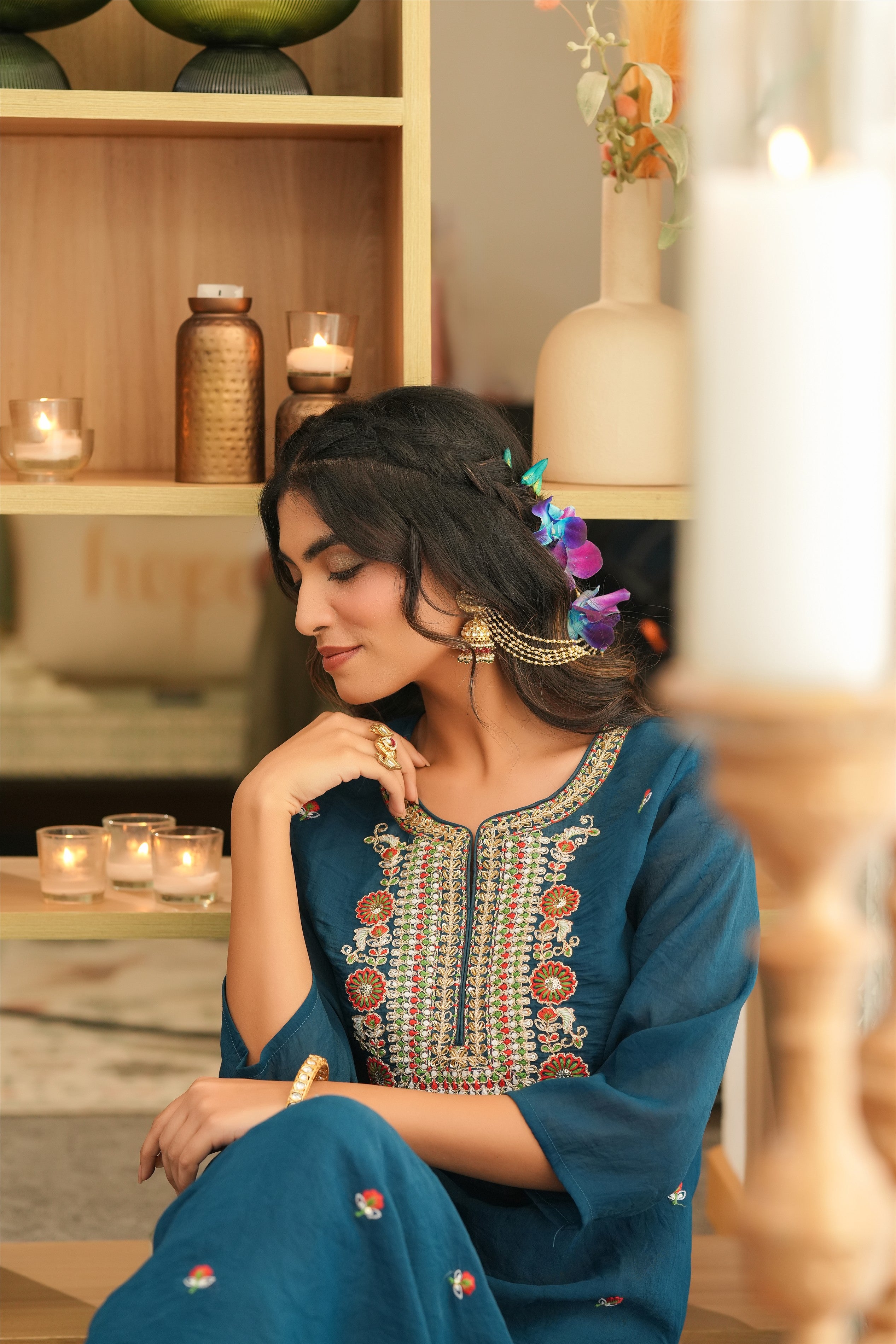 Teal Mul Chanderi Embroidered Straight Suit Set