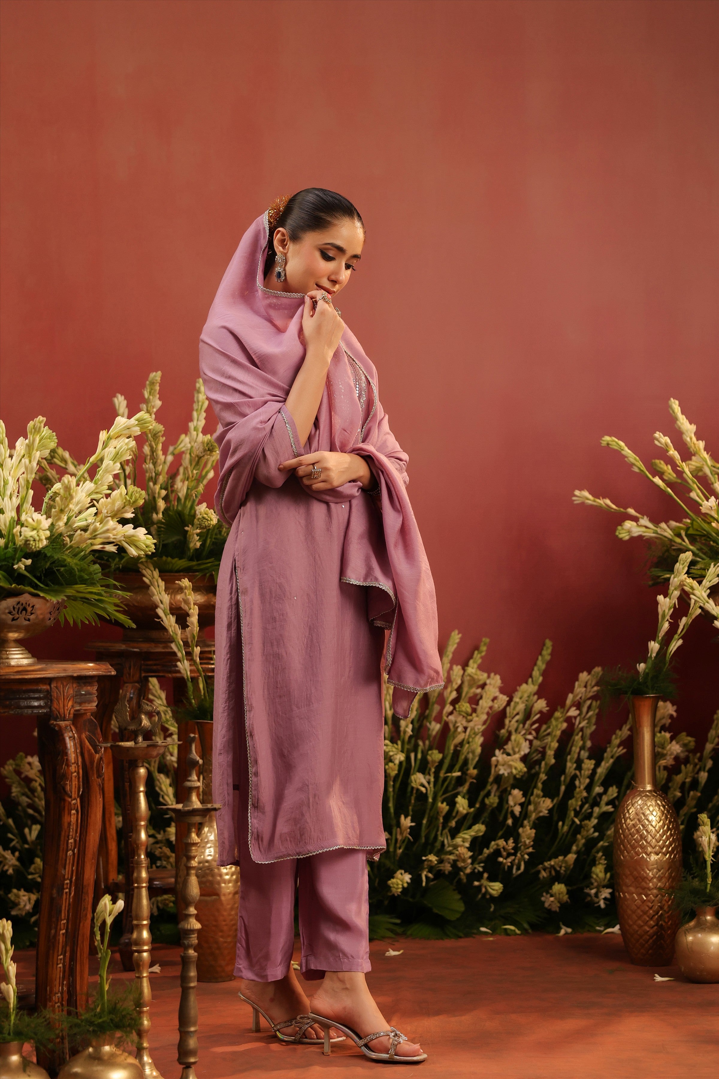 Lavender Mul Chanderi Hand Embroidered Straight Suit Set