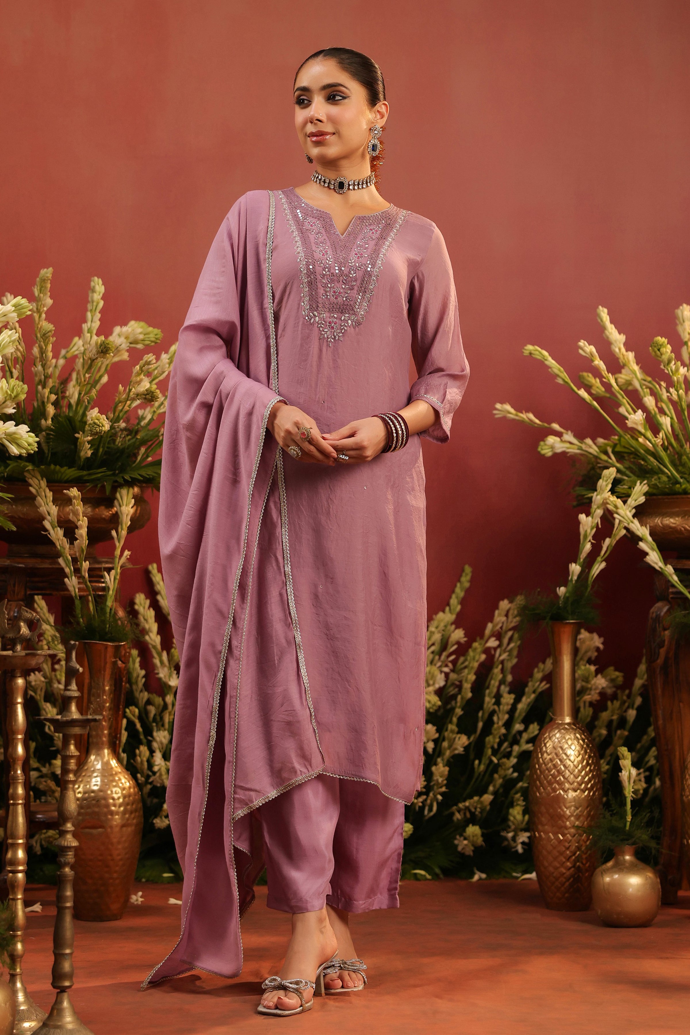 Lavender Mul Chanderi Hand Embroidered Straight Suit Set