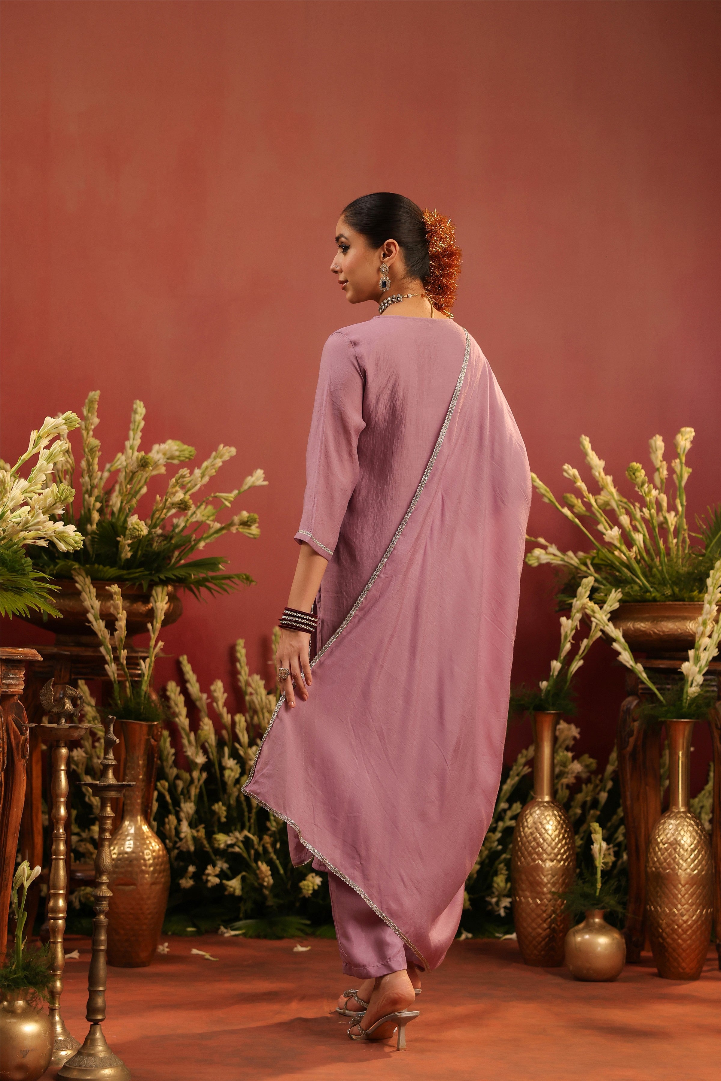 Lavender Mul Chanderi Hand Embroidered Straight Suit Set