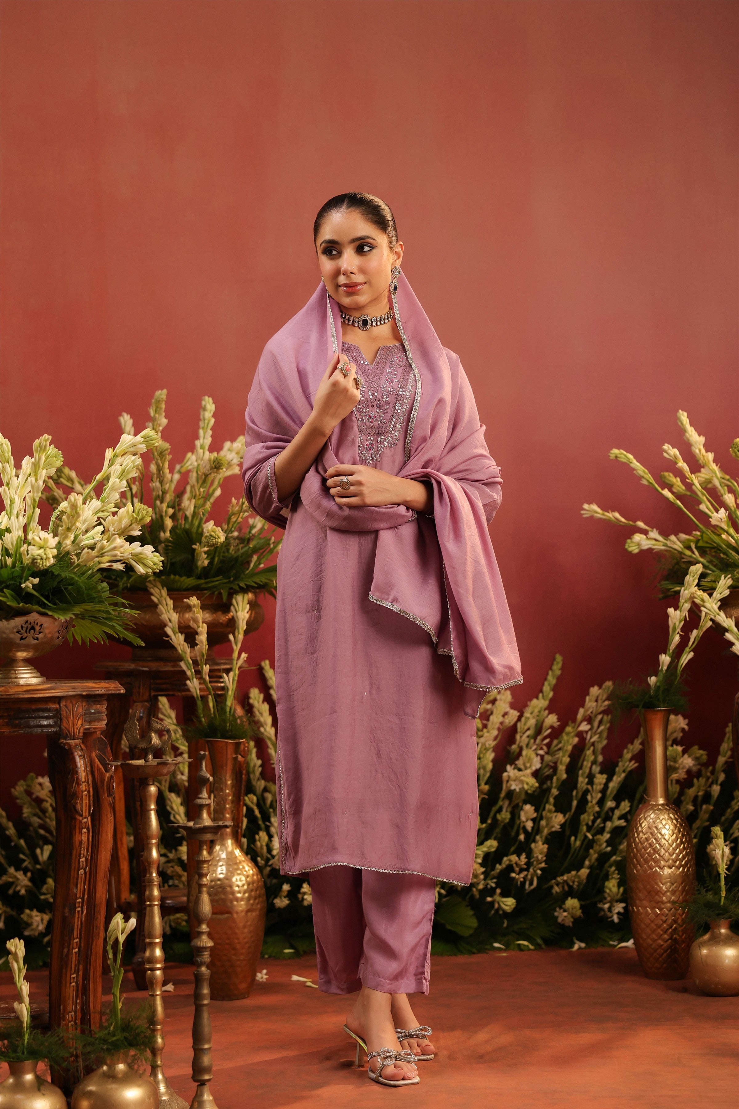 Lavender Mul Chanderi Hand Embroidered Straight Suit Set