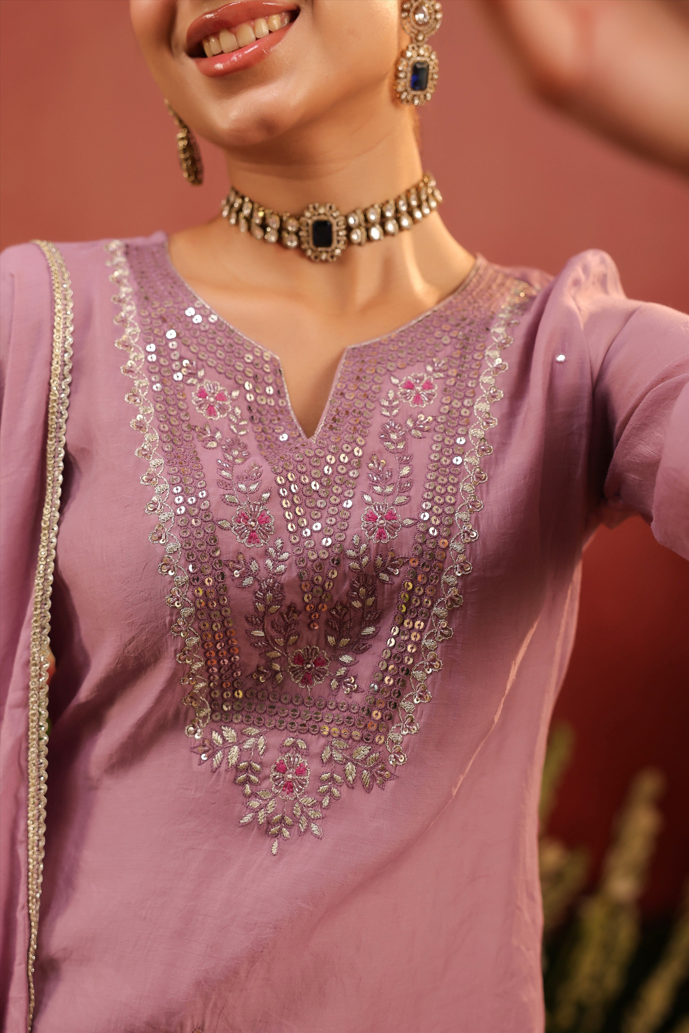 Lavender Mul Chanderi Hand Embroidered Straight Suit Set