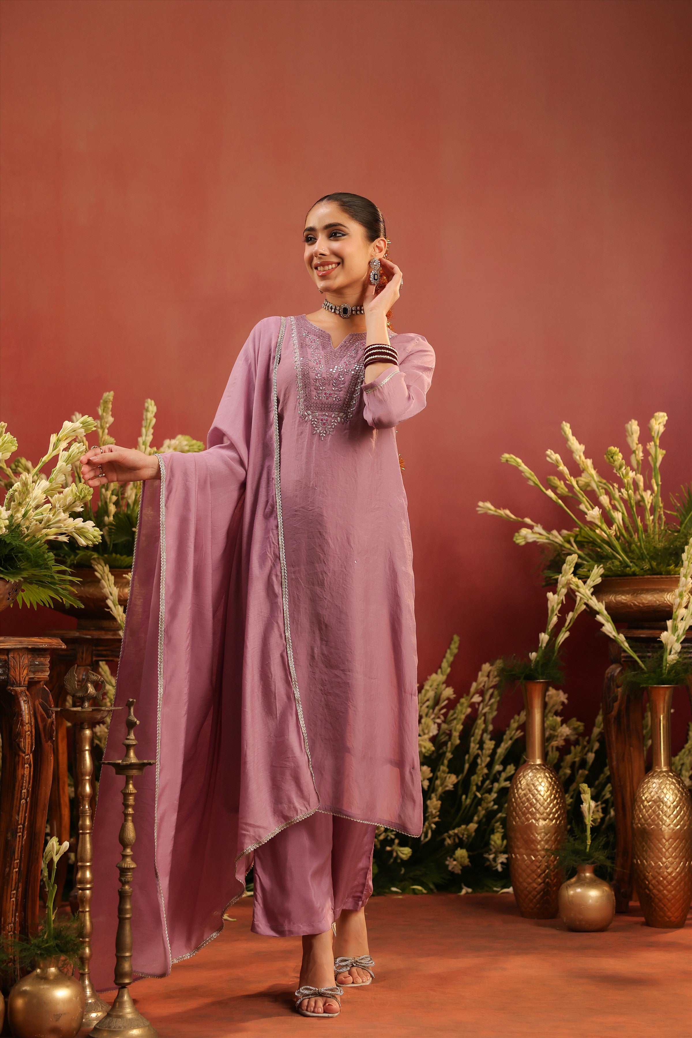 Lavender Mul Chanderi Hand Embroidered Straight Suit Set