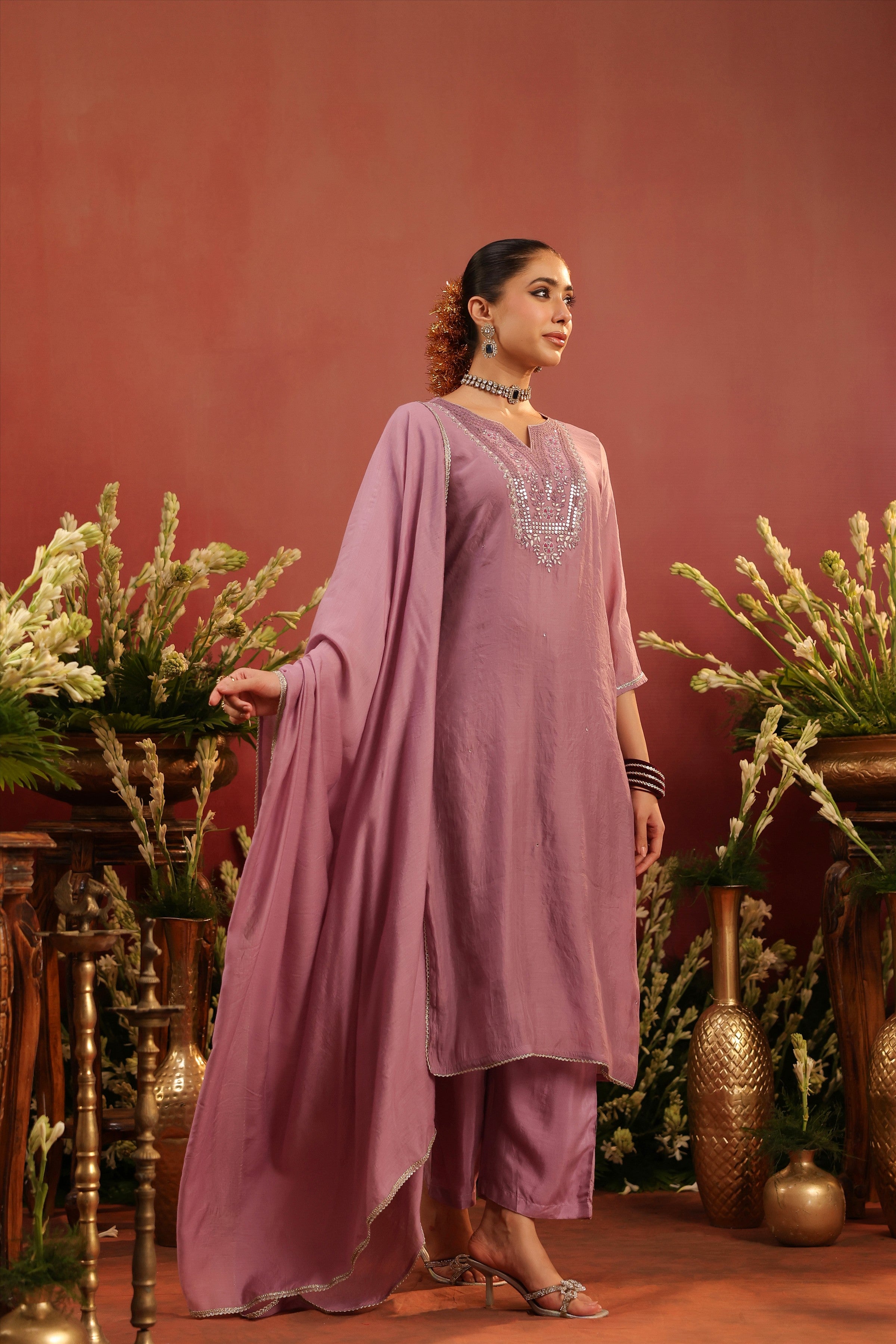 Lavender Mul Chanderi Hand Embroidered Straight Suit Set