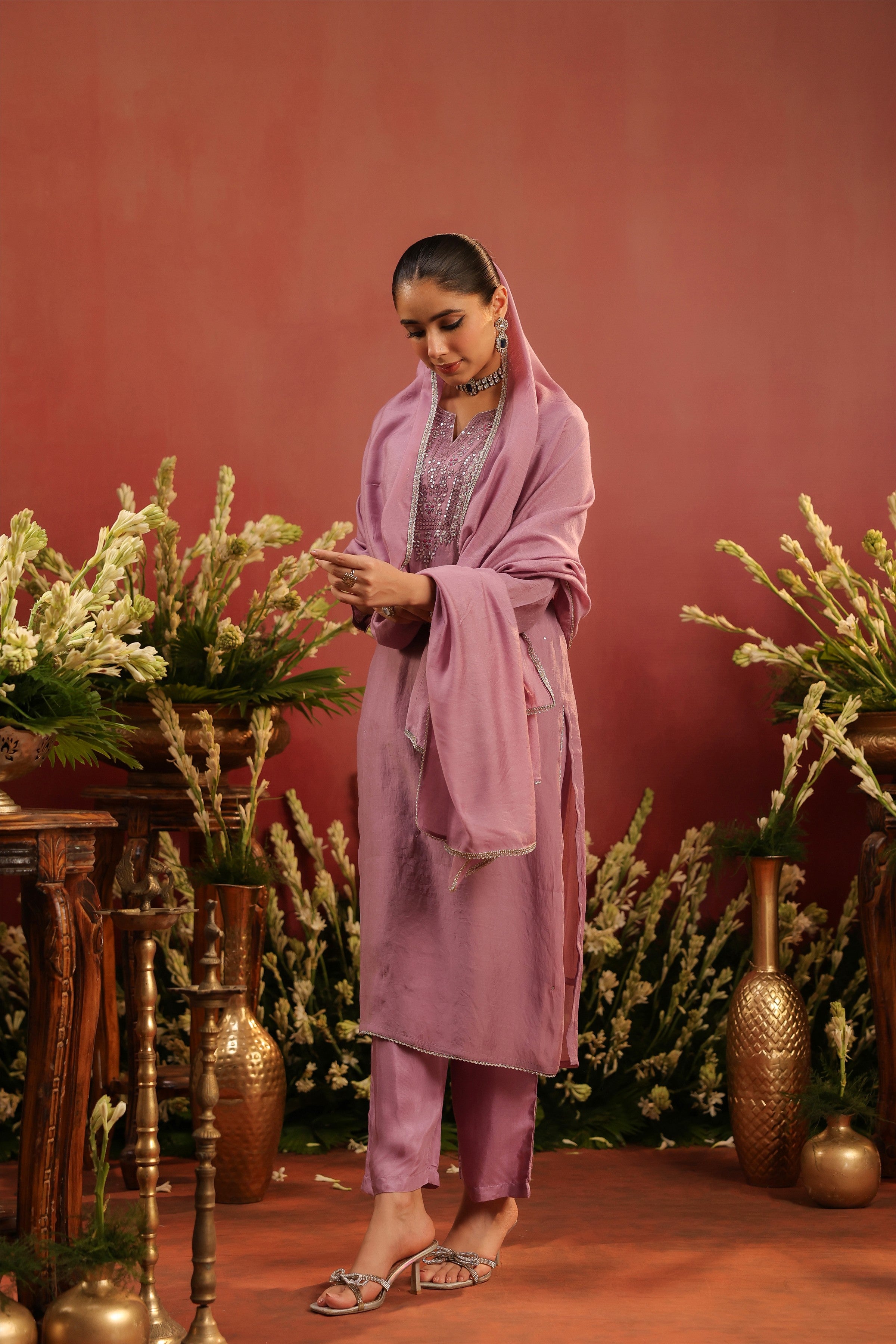 Lavender Mul Chanderi Hand Embroidered Straight Suit Set