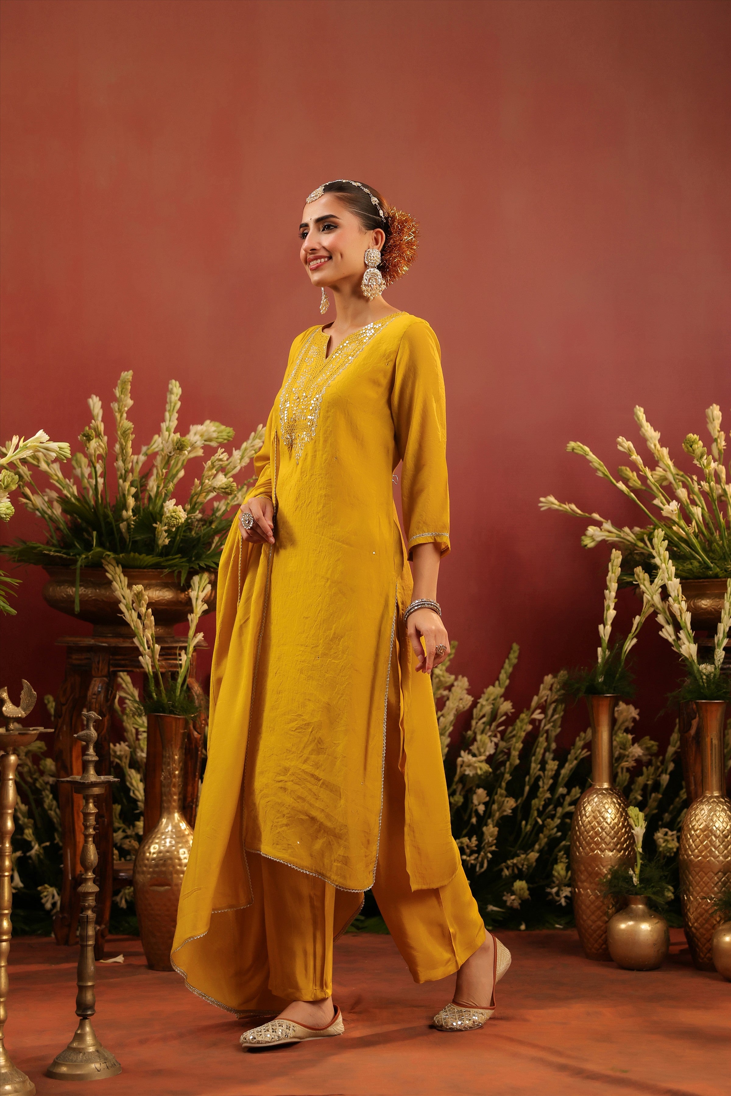 Mustard Mul Chanderi Hand Embroidered Straight Suit Set
