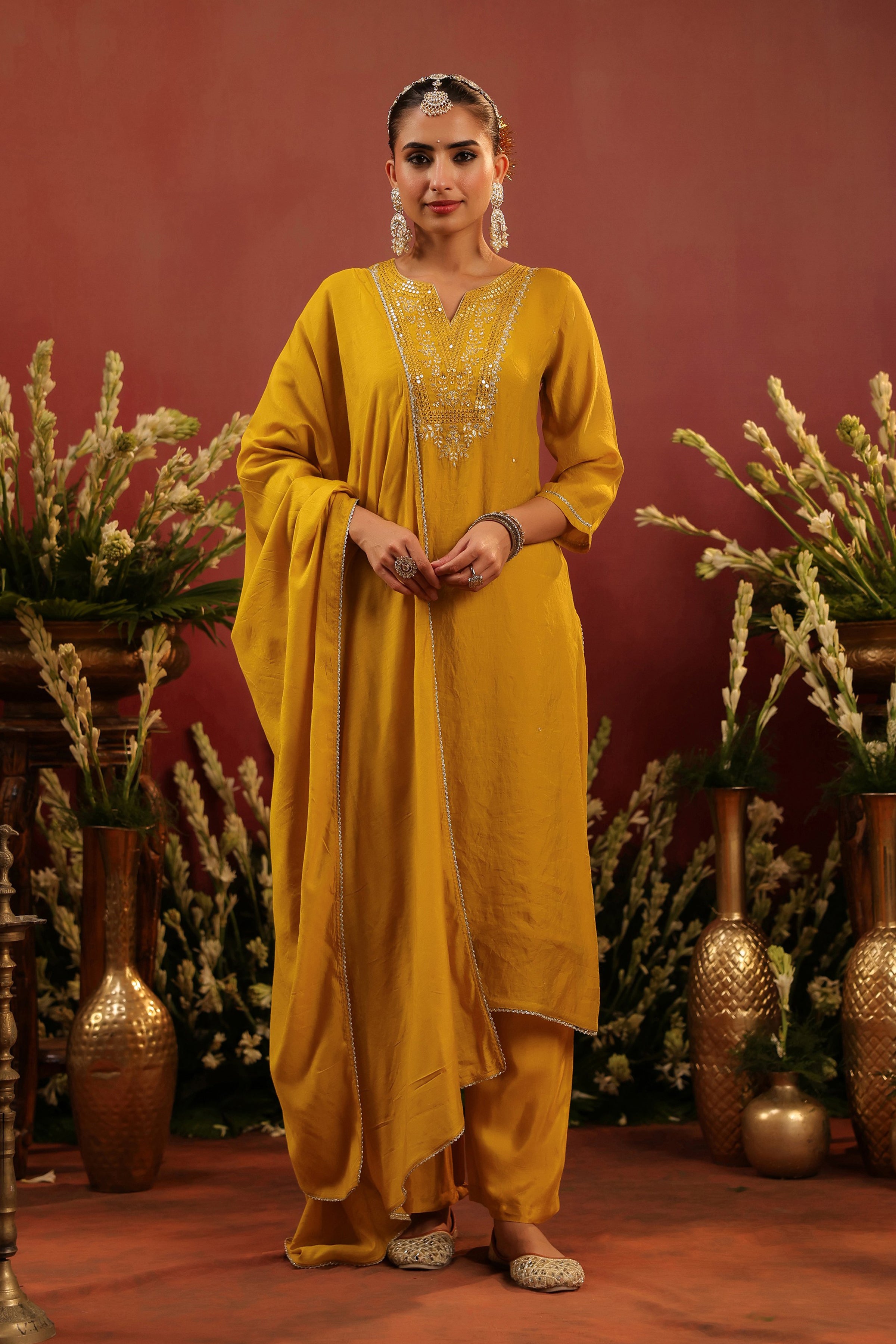 Mustard Mul Chanderi Hand Embroidered Straight Suit Set